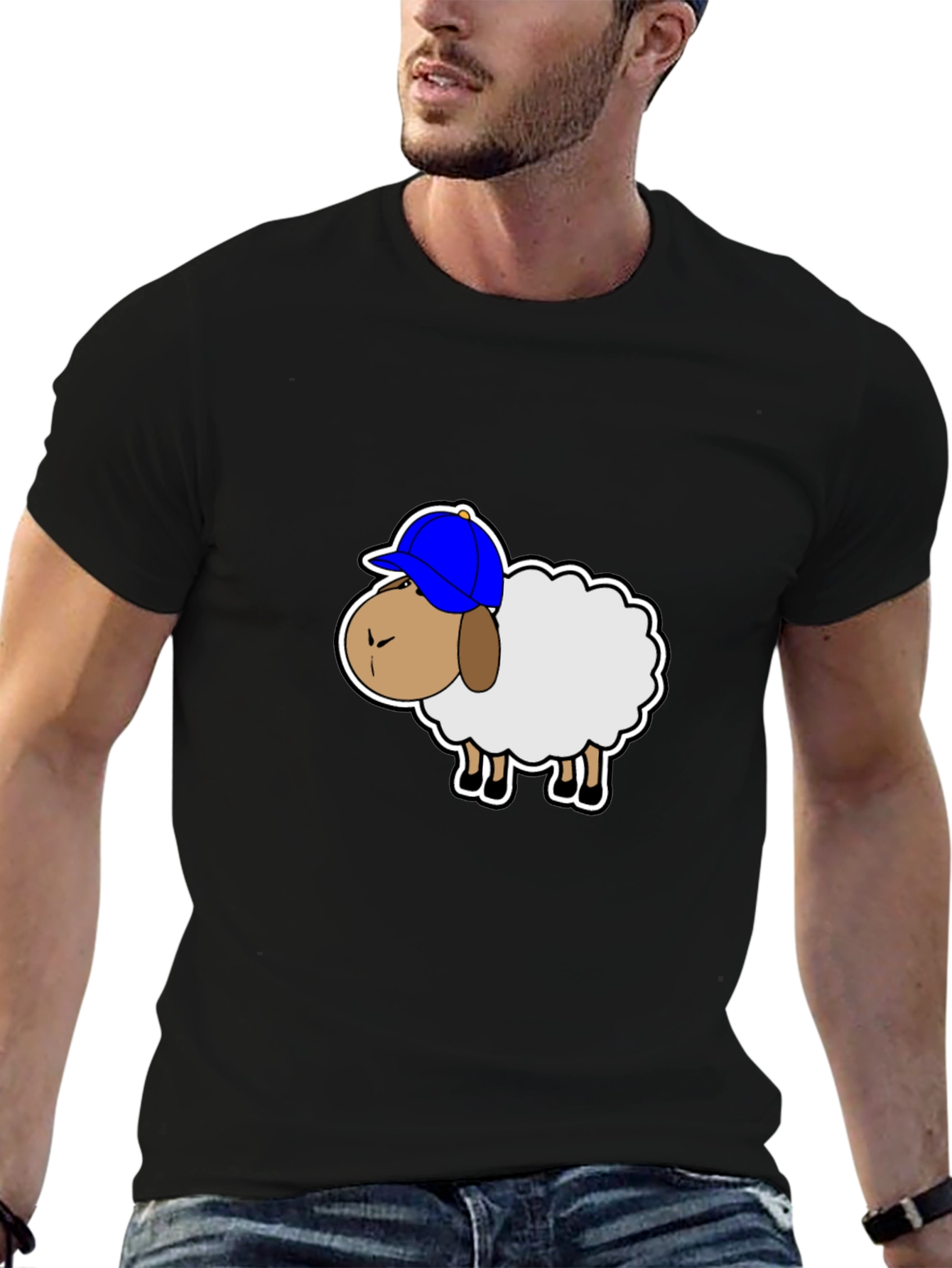Funny Sheep with Hat Graphic Tee - Black