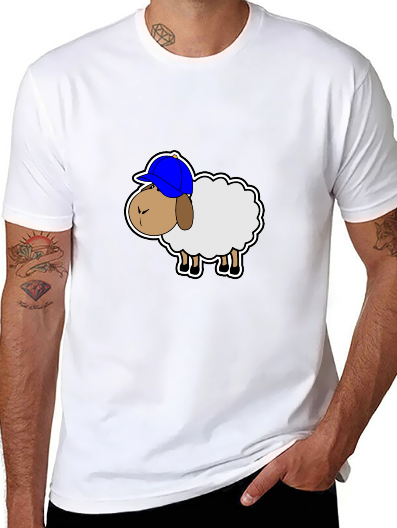 Funny Sheep with Hat Graphic Tee - Black
