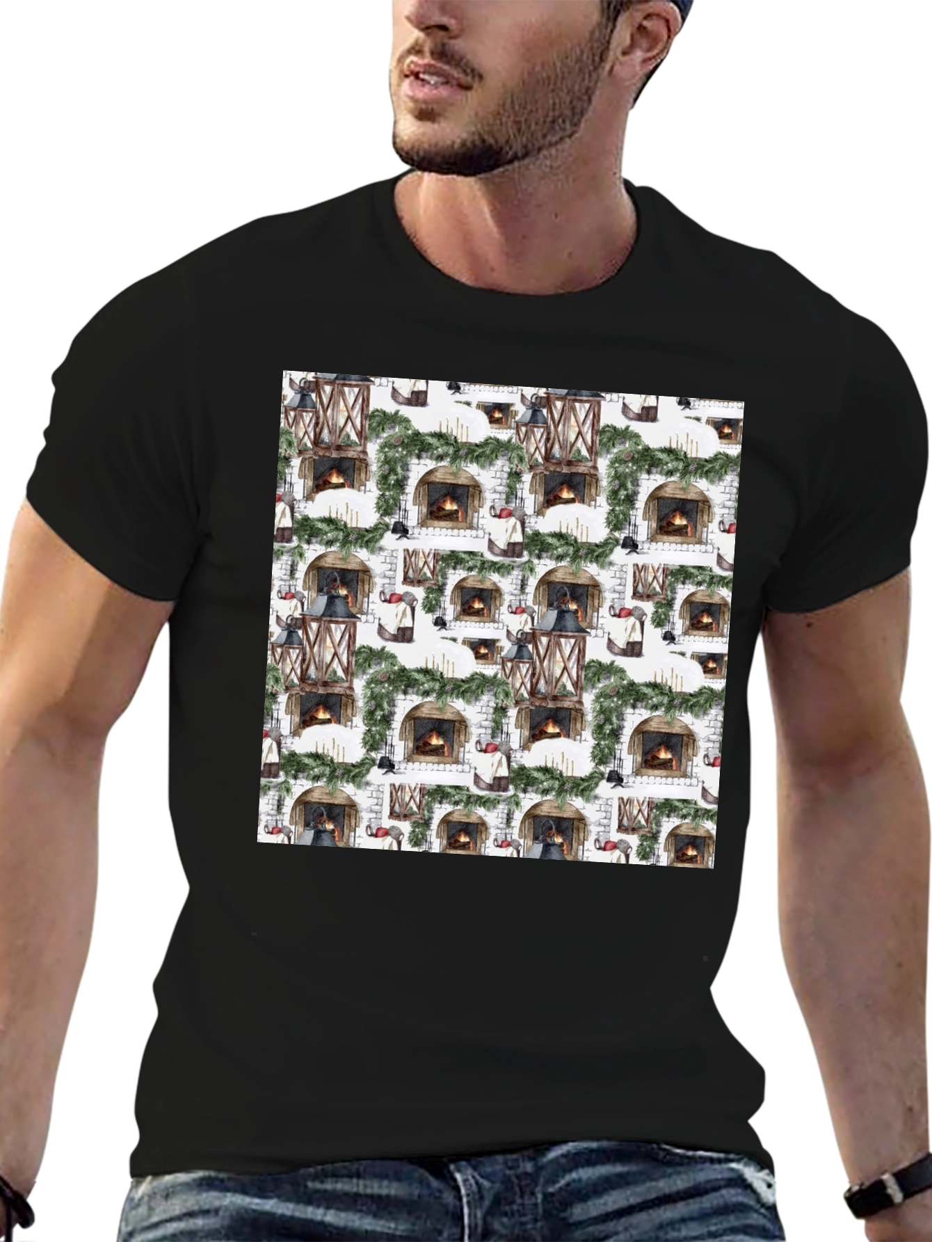 Festive Fireplace Pattern T-Shirt
