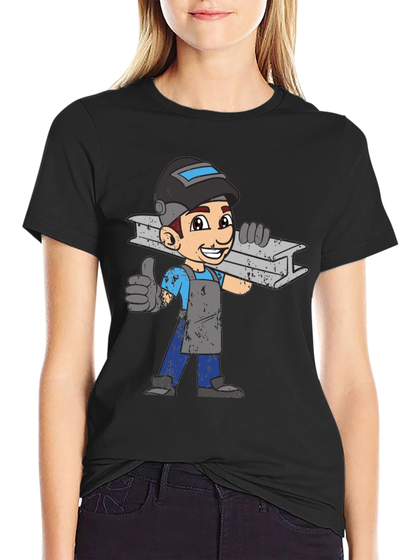 Welder Cartoon Graphic T-Shirt - Black