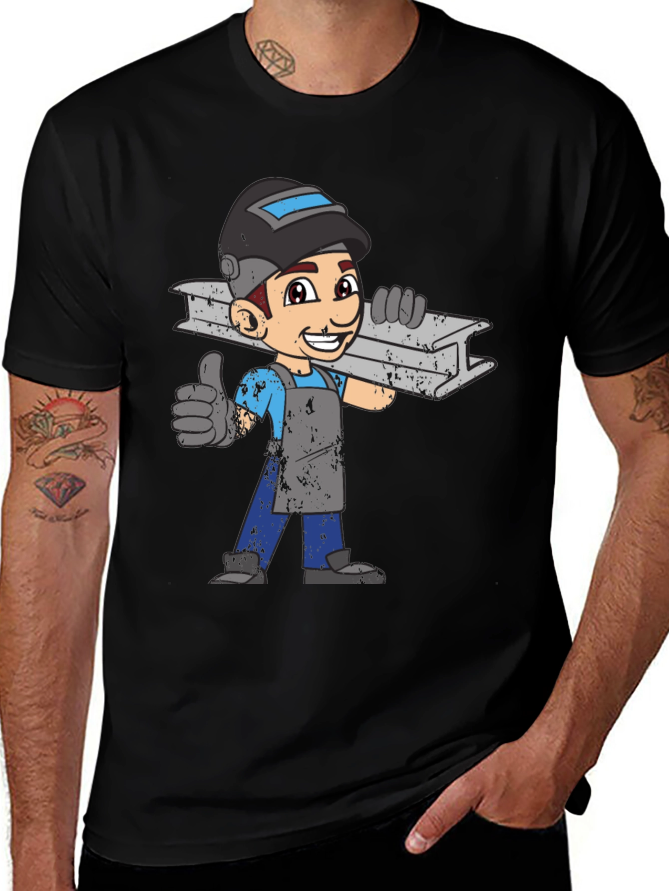 Welder Cartoon Graphic T-Shirt - Black