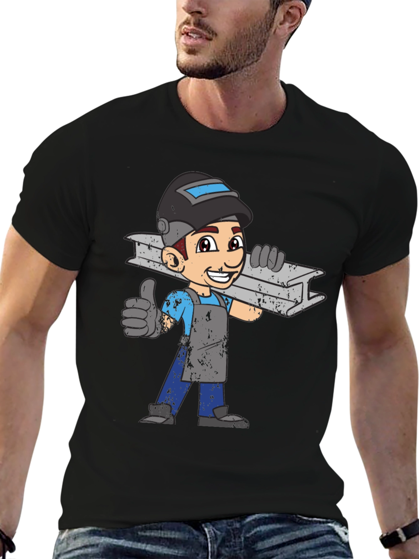 Welder Cartoon Graphic T-Shirt - Black