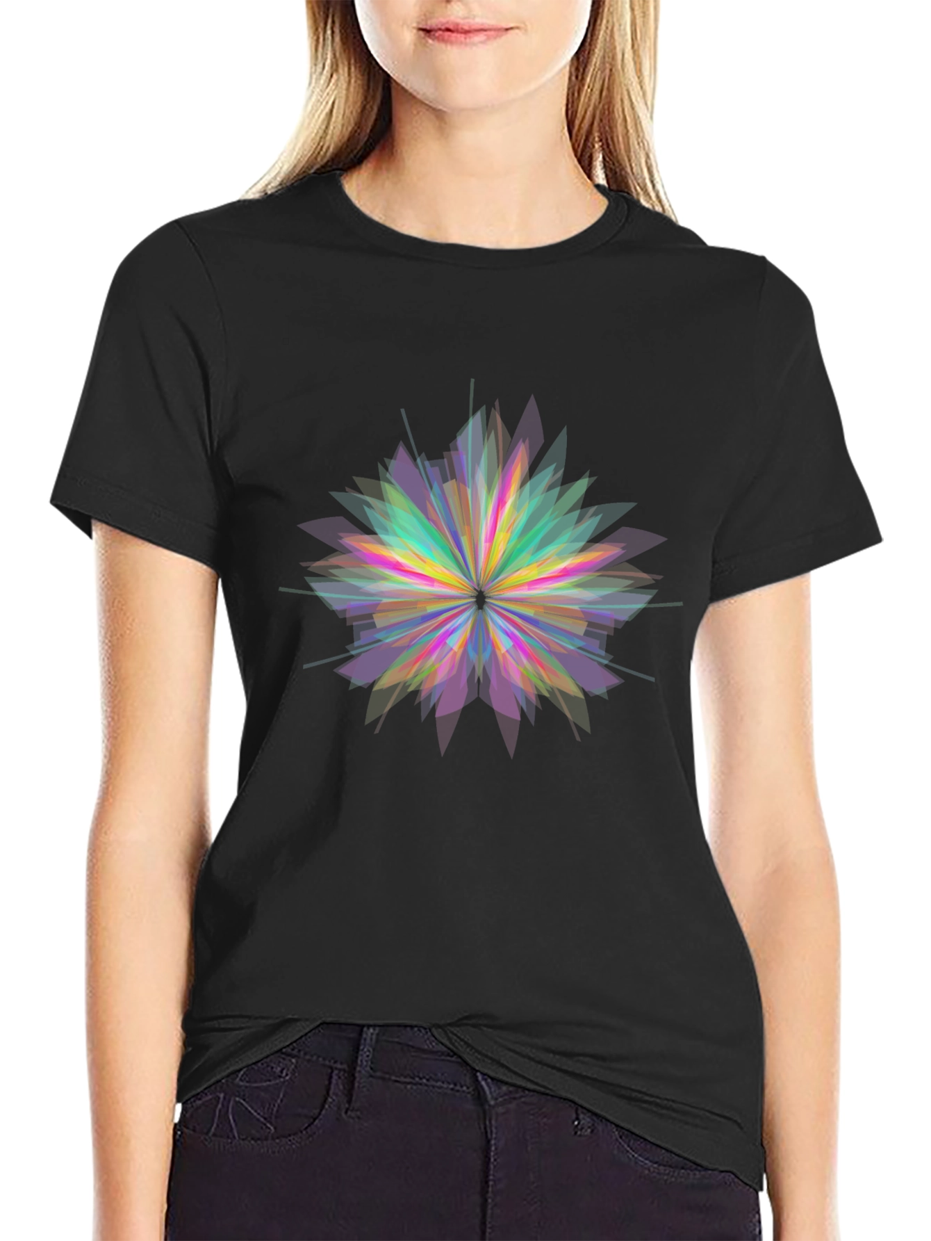 Geometric Flower Graphic Black T-Shirt
