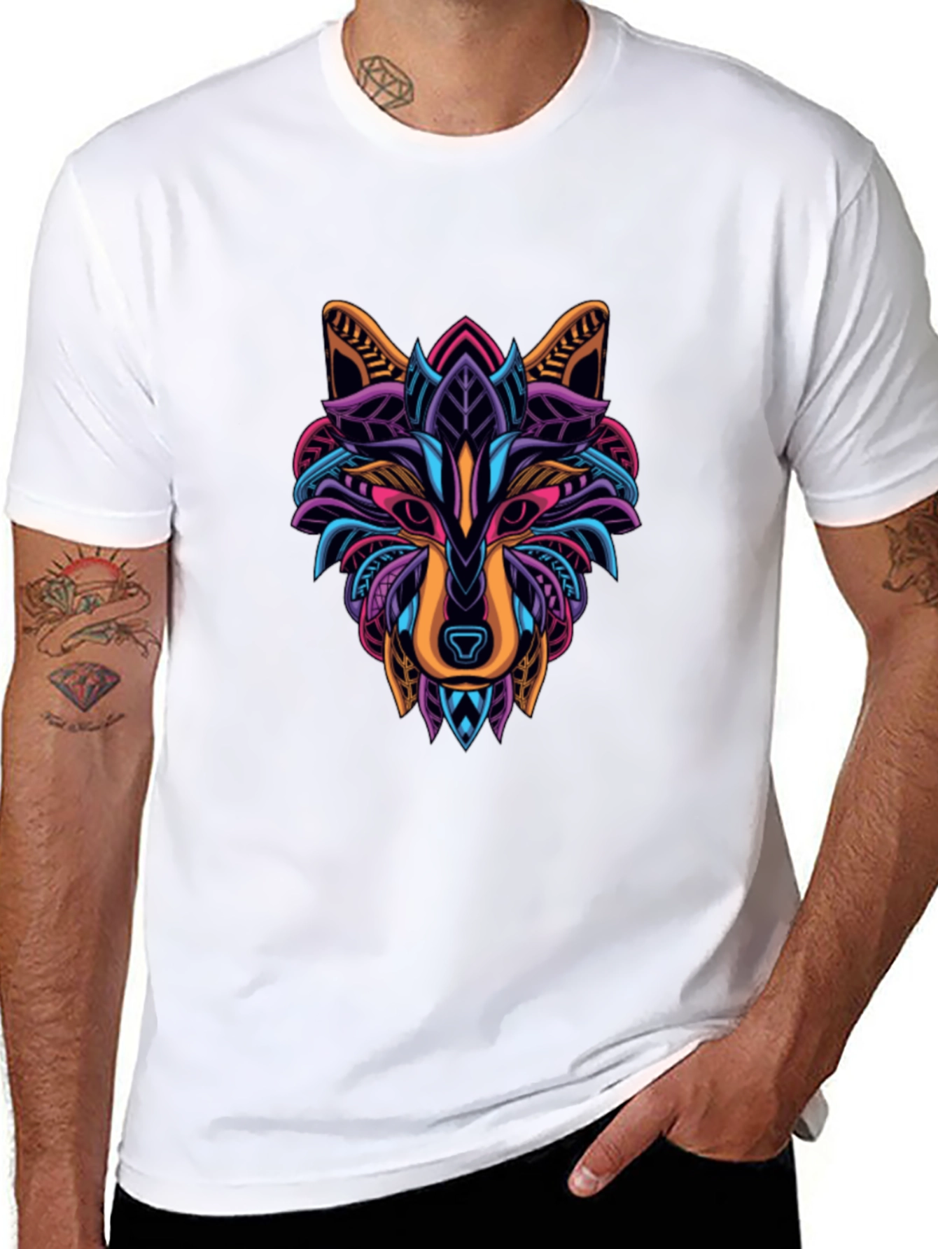 Vibrant Wolf Graphic T-Shirt - Mens Black Tee