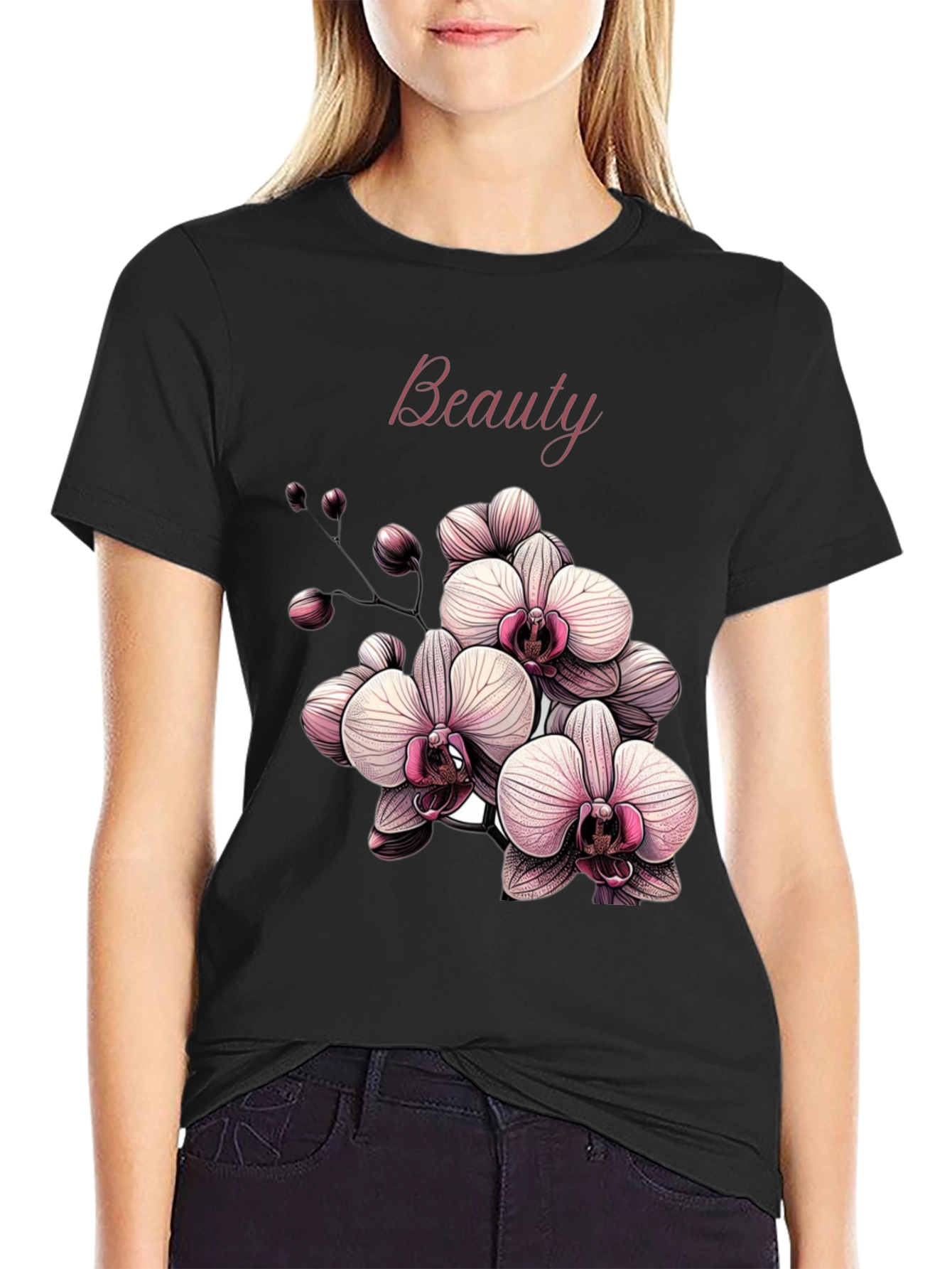 Beauty Orchid Graphic Black T-Shirt