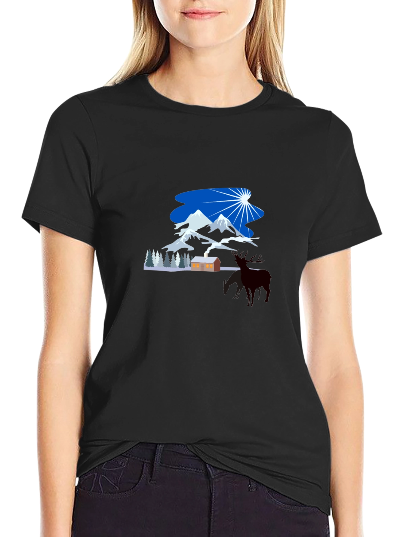 Winter Mountain Scene Graphic Tee - Classic Black