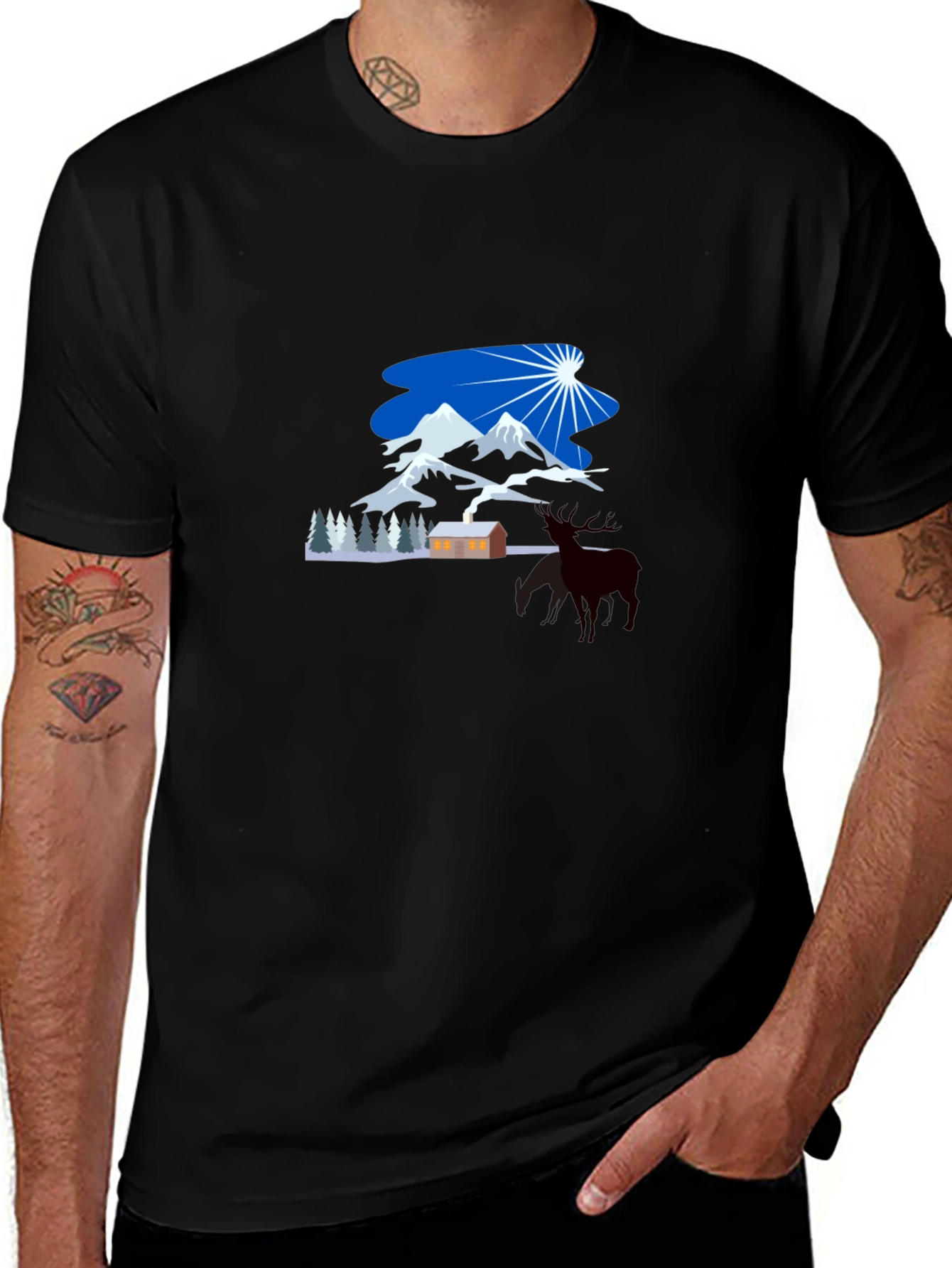 Winter Mountain Scene Graphic Tee - Classic Black