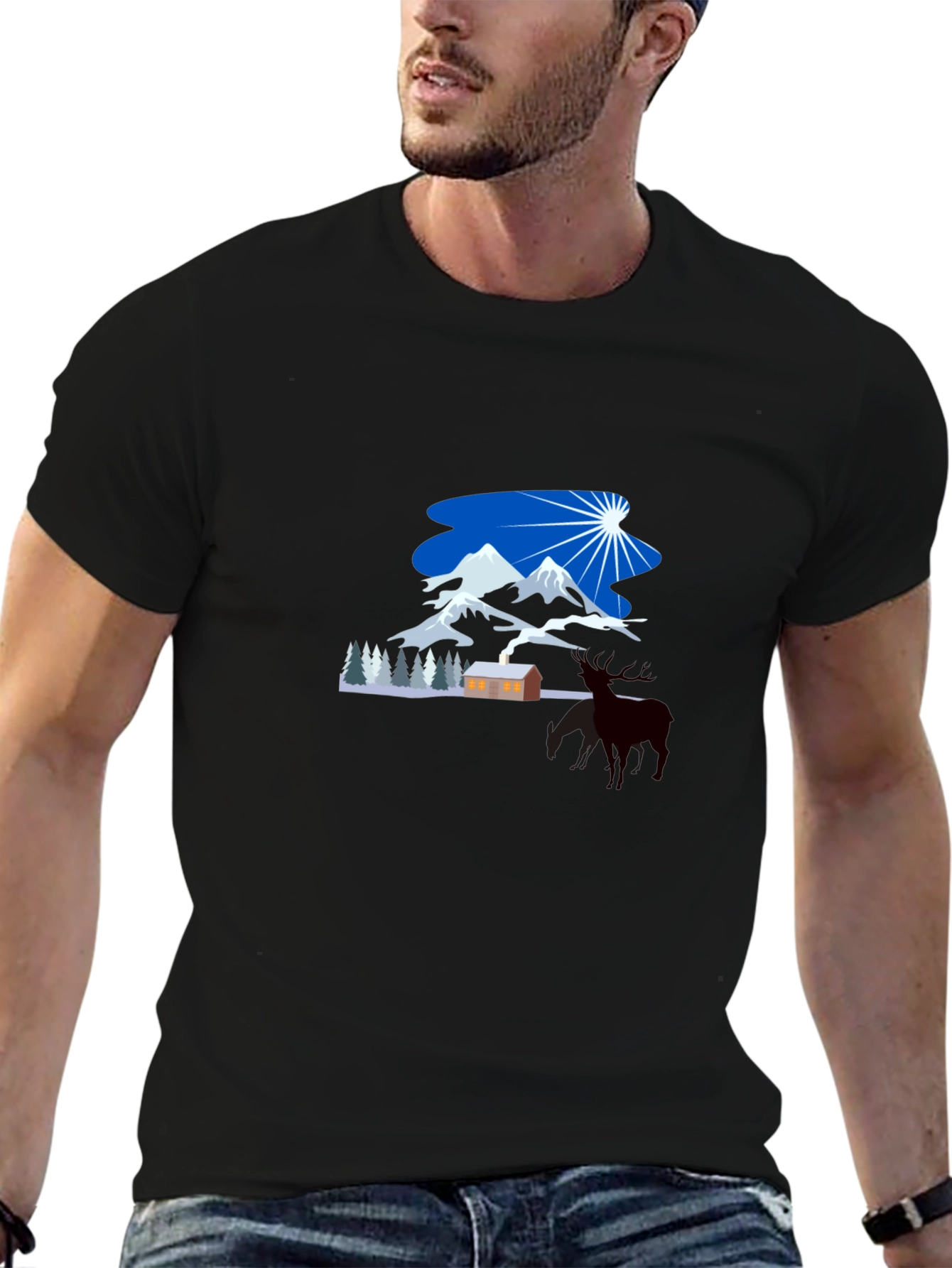 Winter Mountain Scene Graphic Tee - Classic Black
