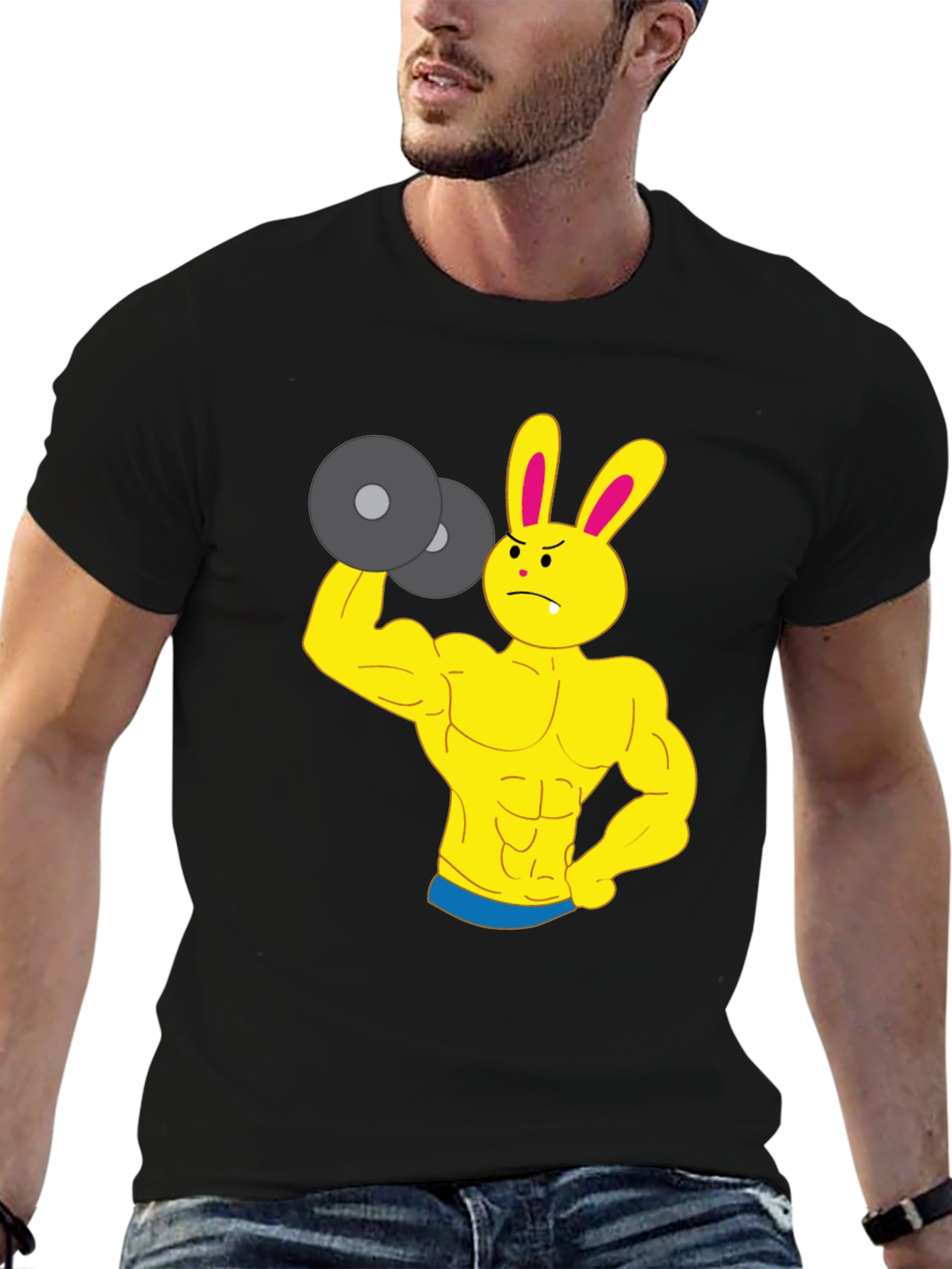 Funny Gym Bunny Black T-Shirt - Weightlifting Rabbit Design