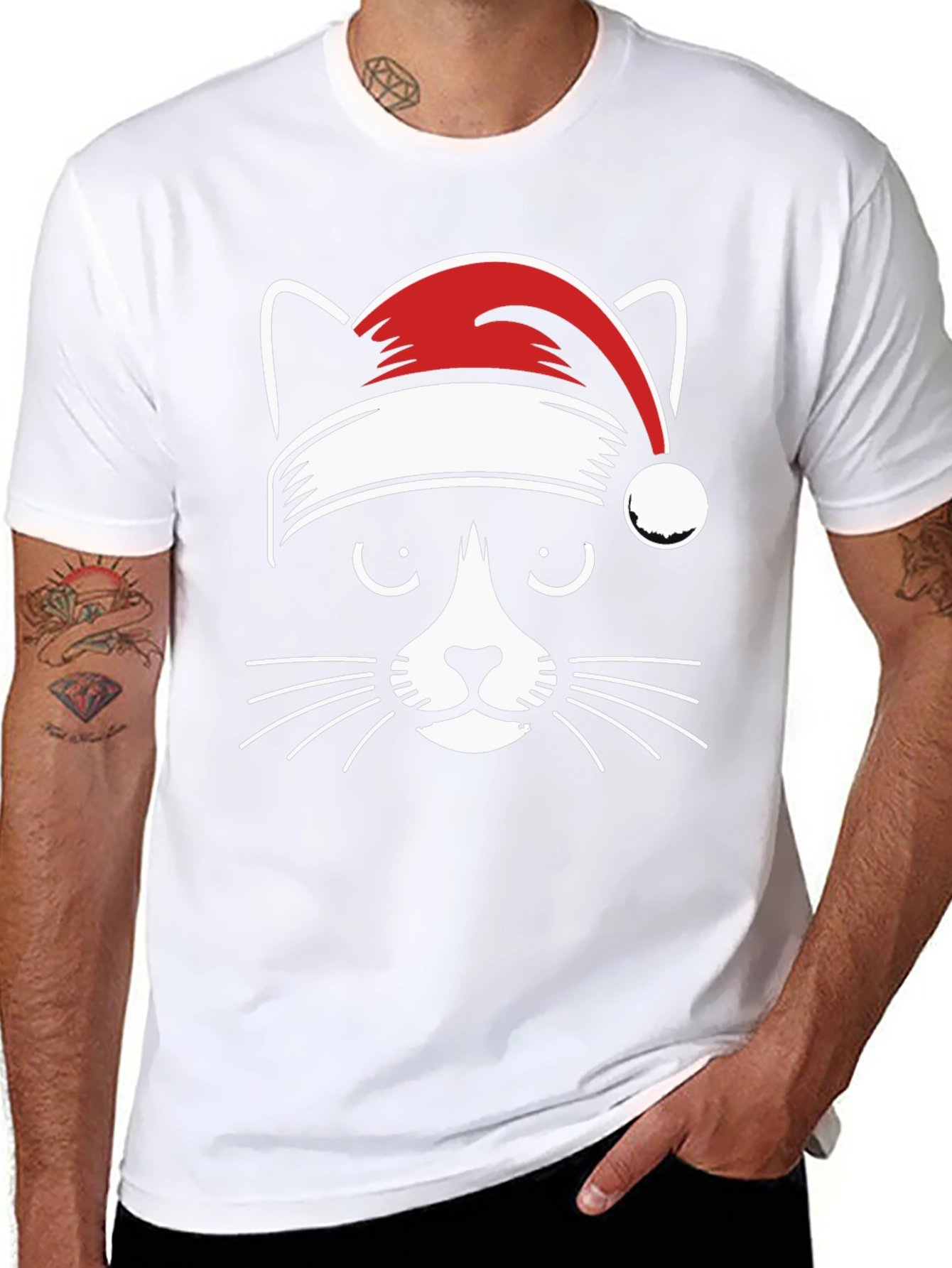 Festive Cat Tee - Santa Hat Graphic T-Shirt