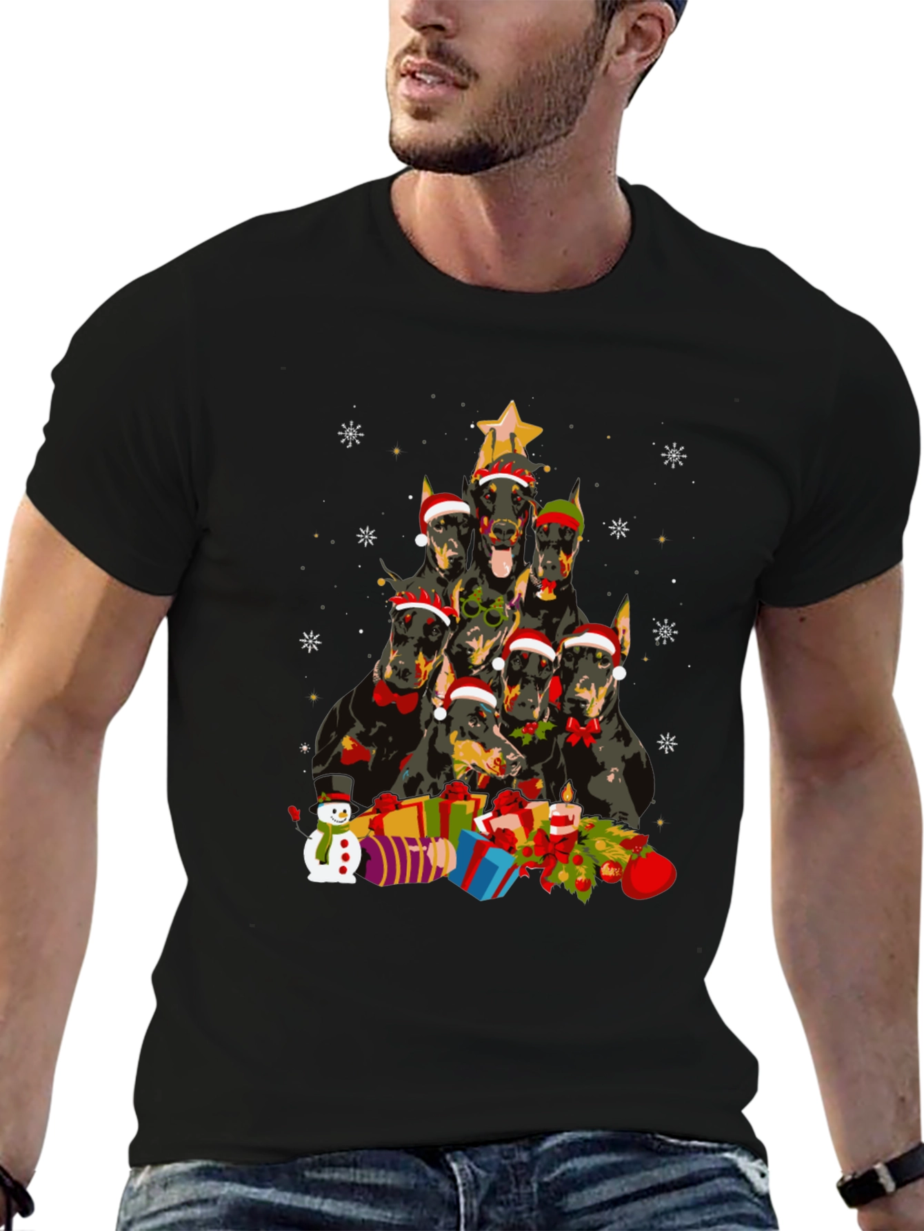 Doberman Christmas Tree Black T-Shirt
