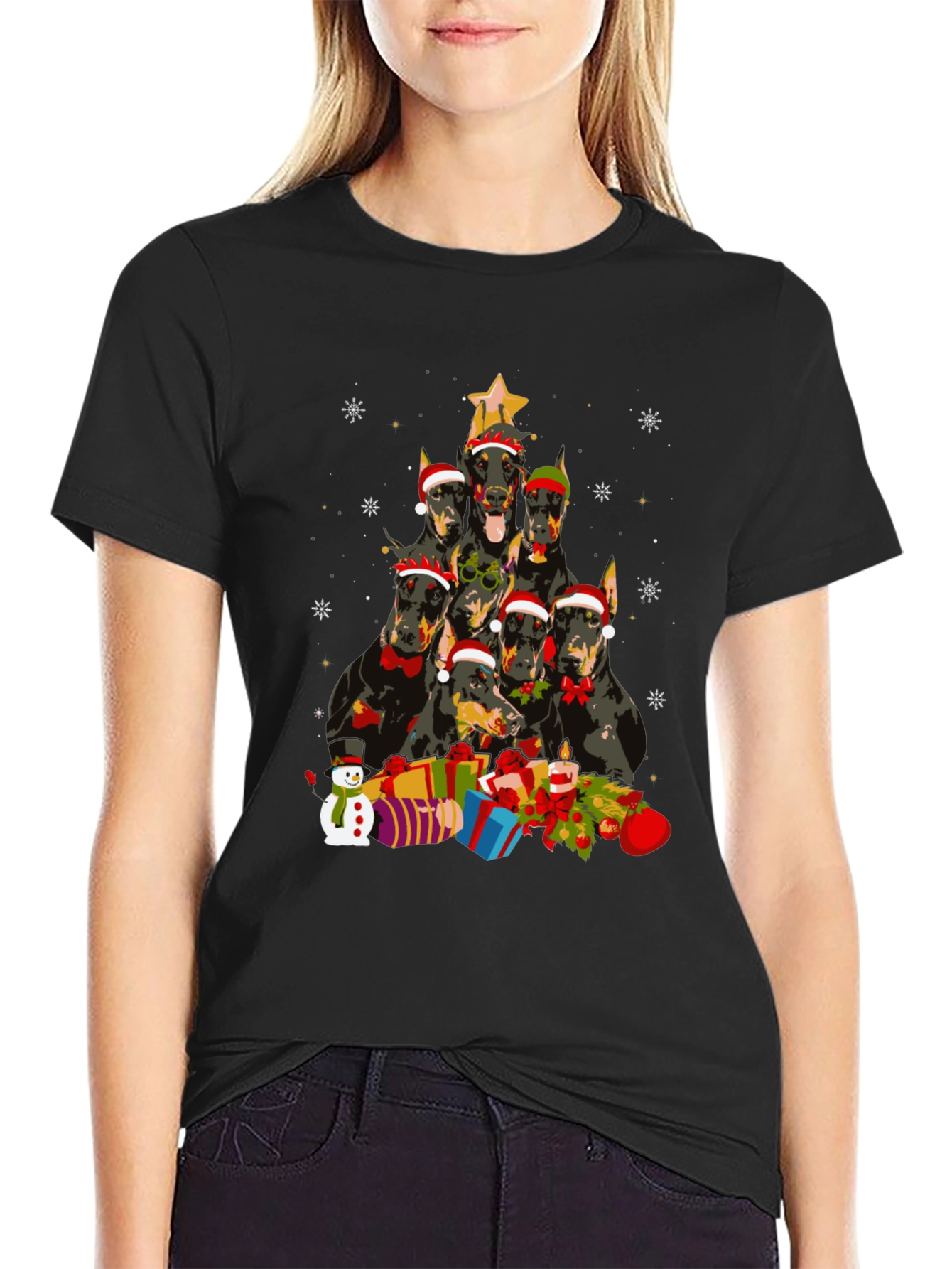 Doberman Christmas Tree Black T-Shirt