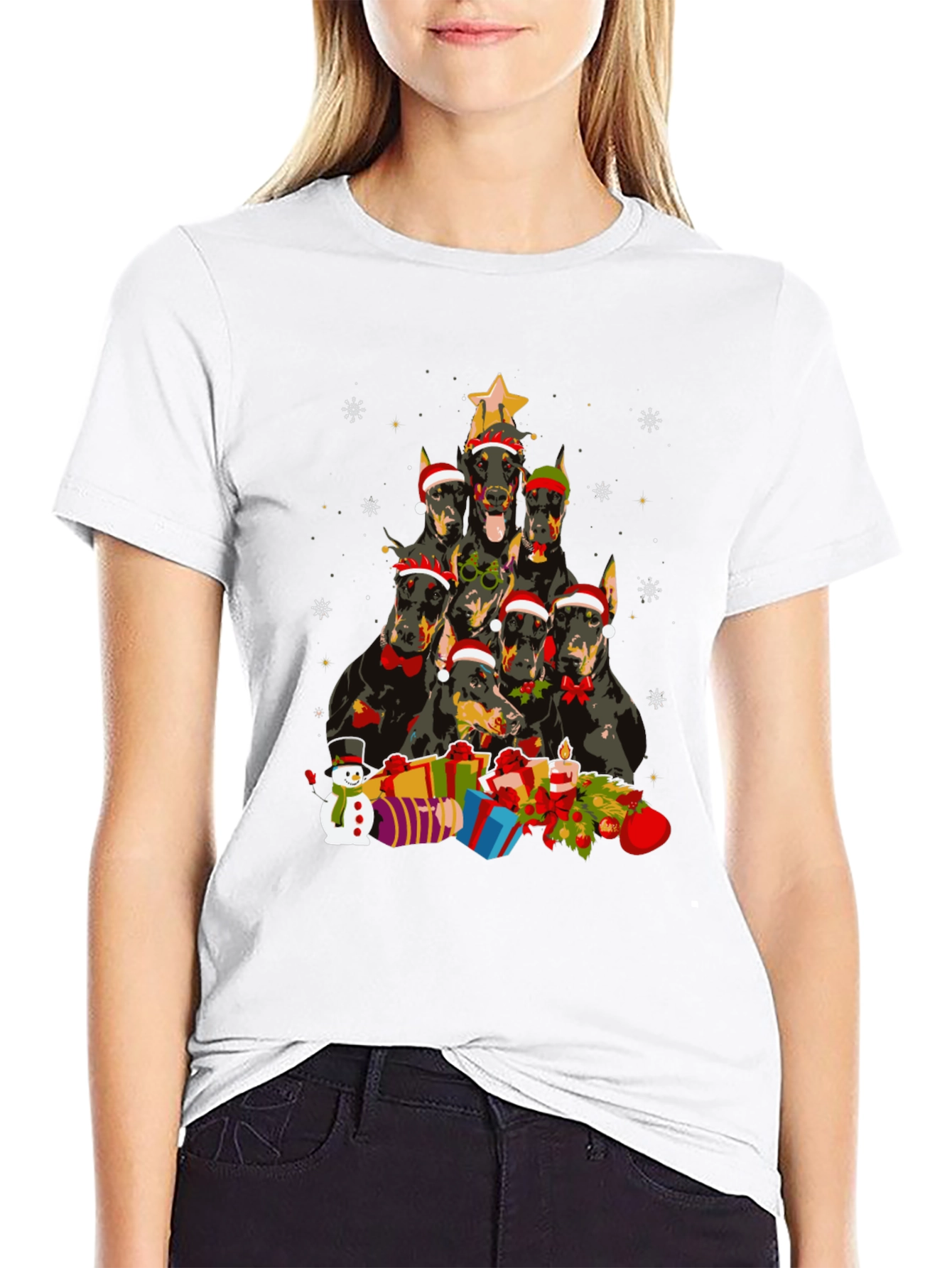 Doberman Christmas Tree Black T-Shirt