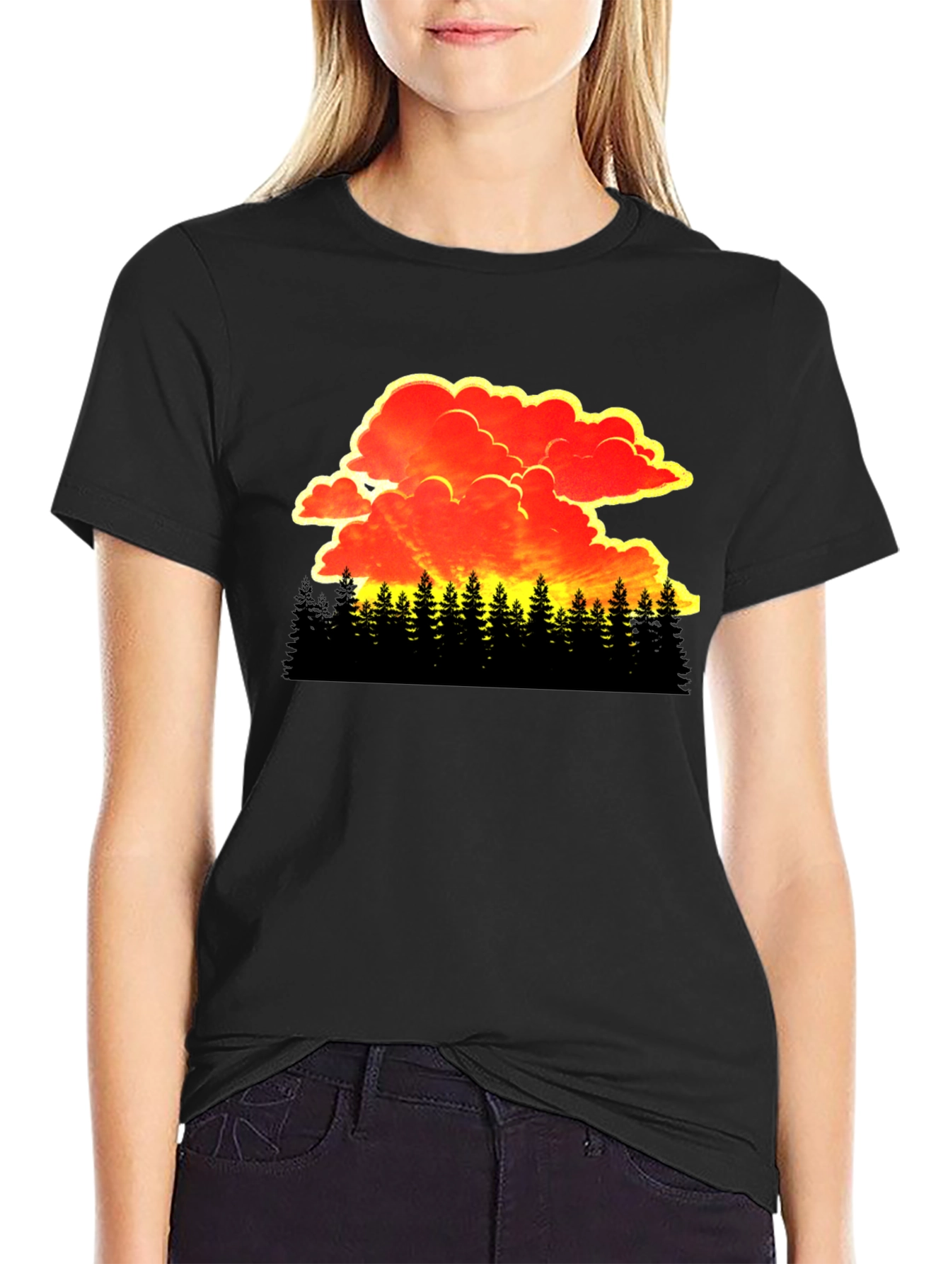 Sunset Forest Graphic Tee - Black Cotton T-Shirt
