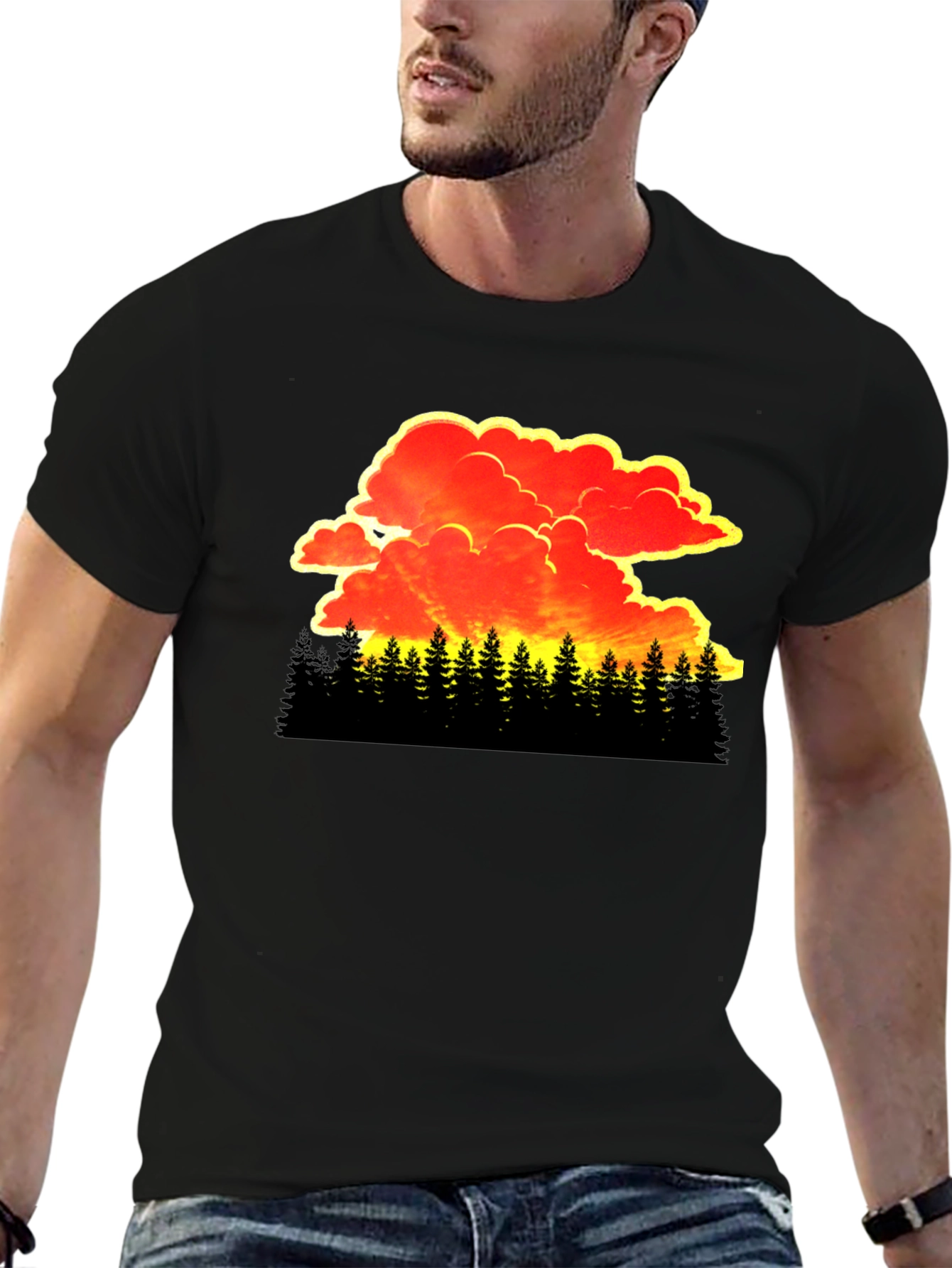 Sunset Forest Graphic Tee - Black Cotton T-Shirt