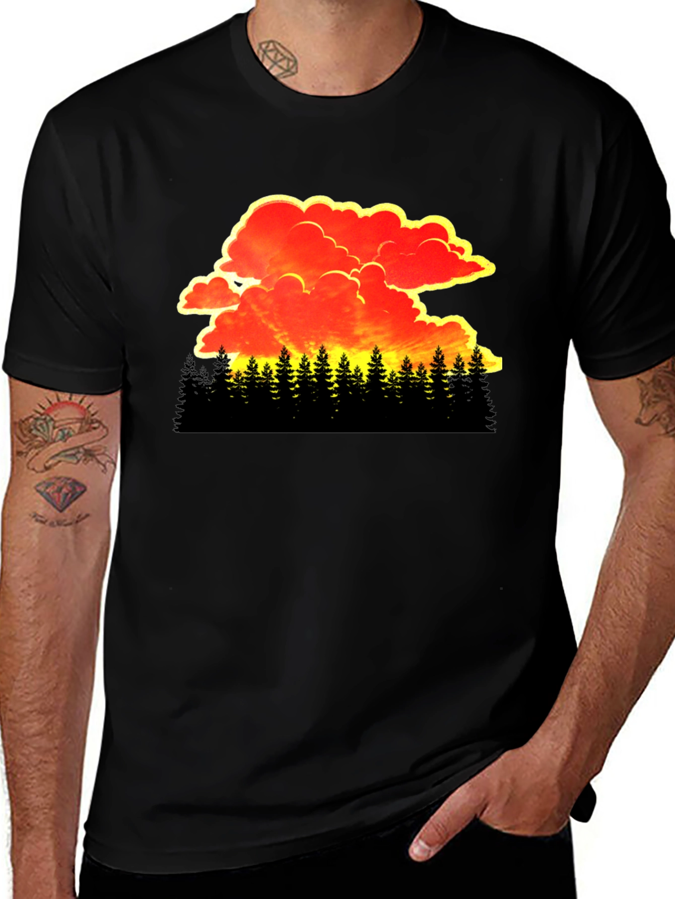 Sunset Forest Graphic Tee - Black Cotton T-Shirt