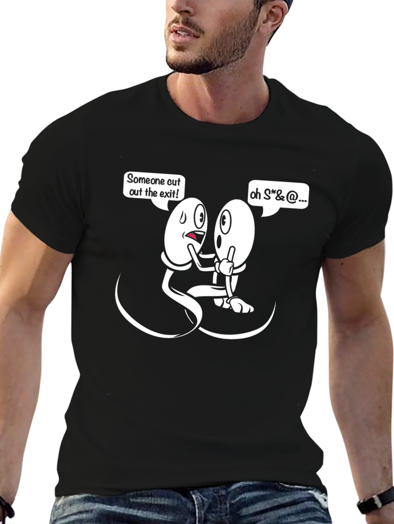 Funny Sperm Cartoon Graphic Mens Black T-Shirt