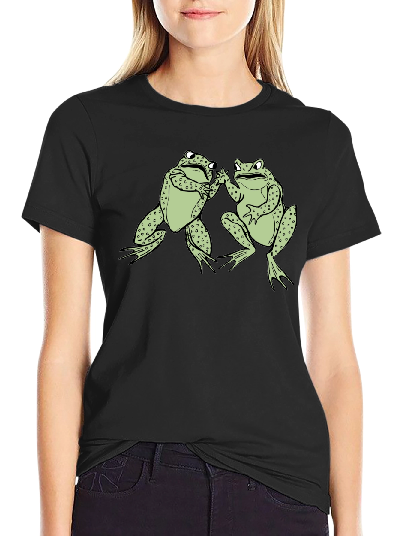 Funny Frog High Five Graphic Black T-Shirt