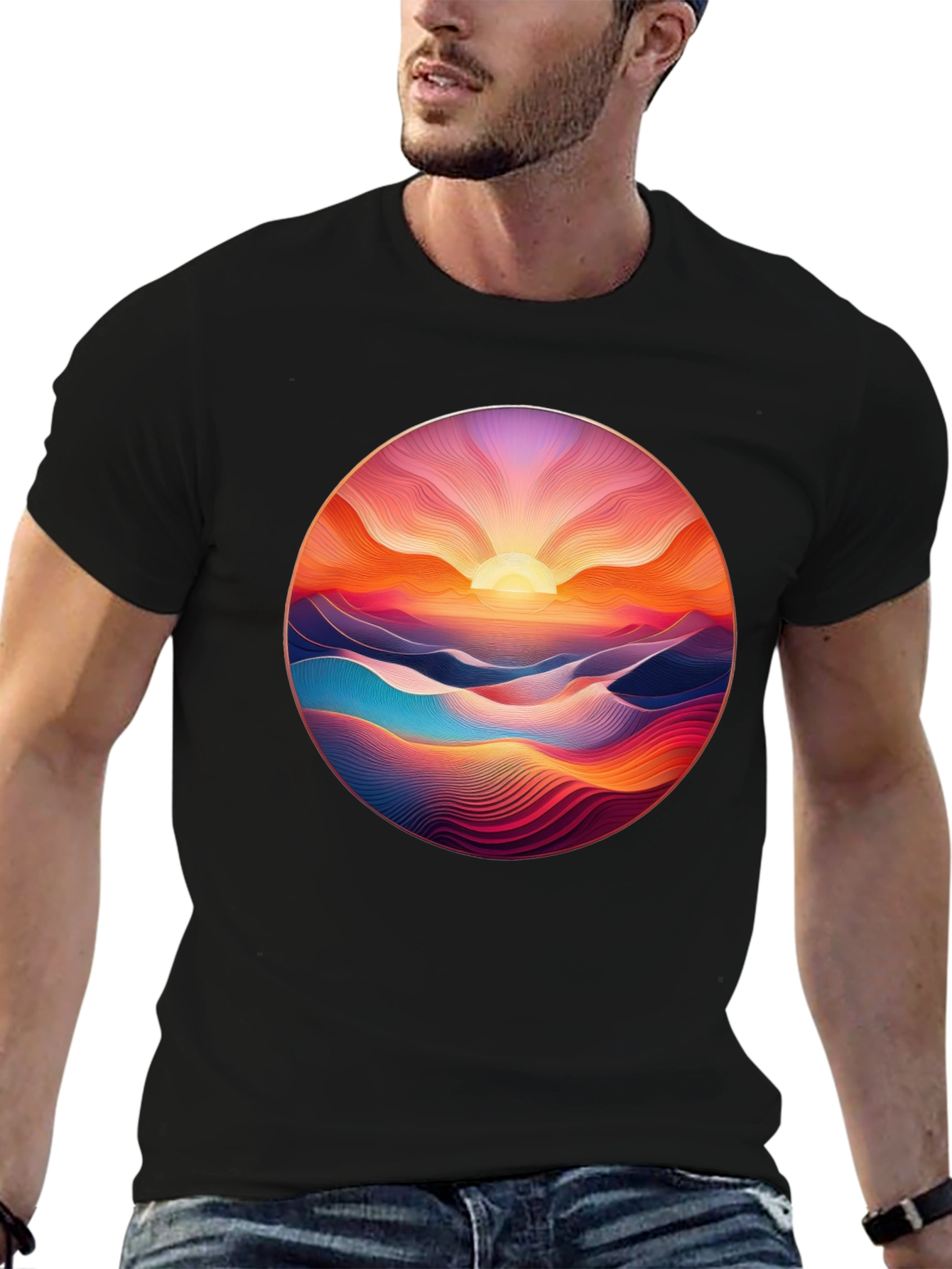 Sunrise Vista Graphic Tee - Soft Black Cotton