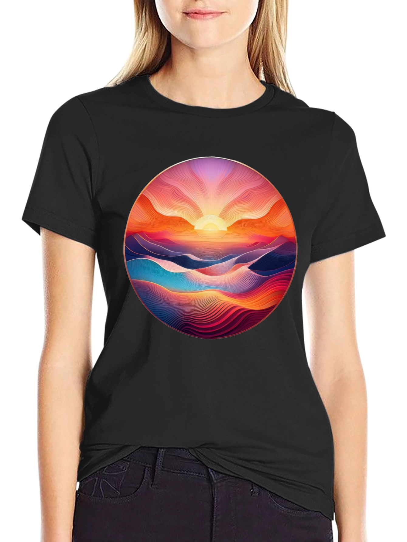 Sunrise Vista Graphic Tee - Soft Black Cotton