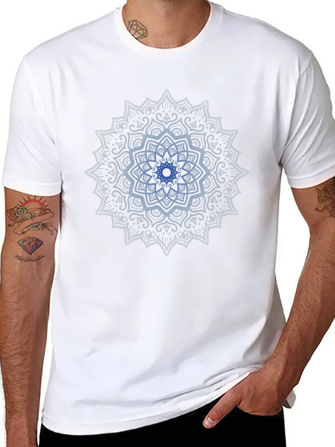 Blue Mandala Graphic Print Black T-Shirt