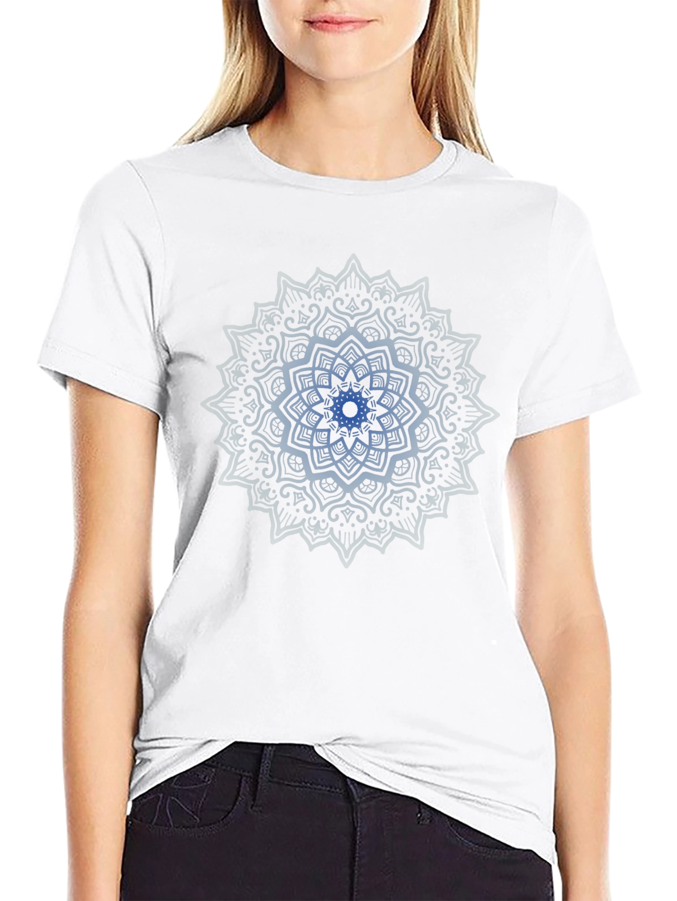 Blue Mandala Graphic Print Black T-Shirt
