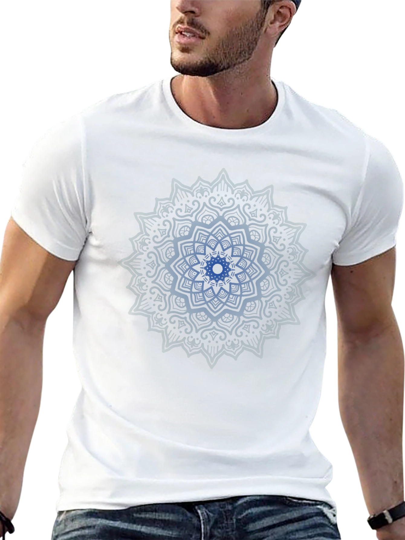 Blue Mandala Graphic Print Black T-Shirt