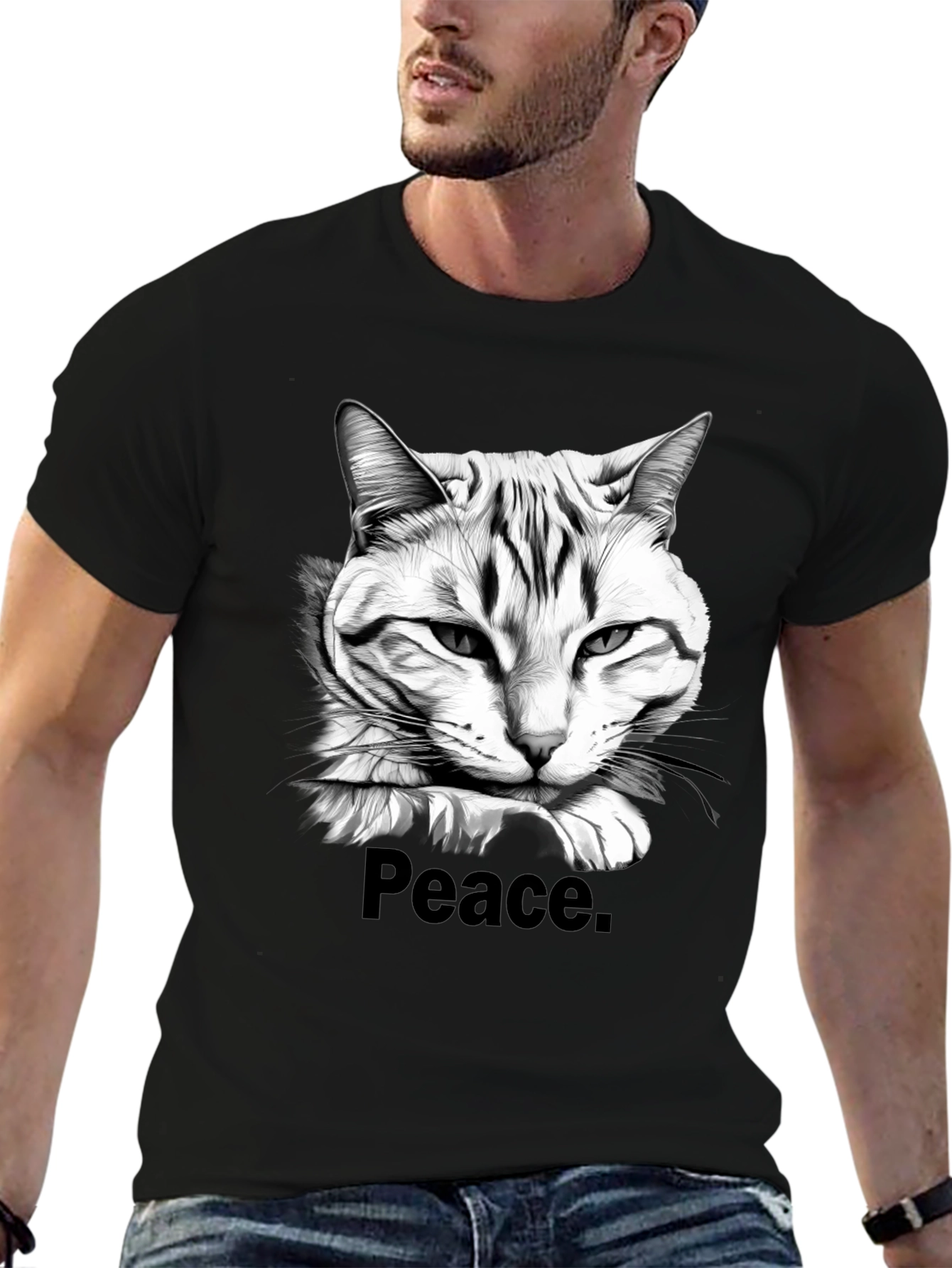 Peace Cat Graphic Tee - Mens Black T-Shirt