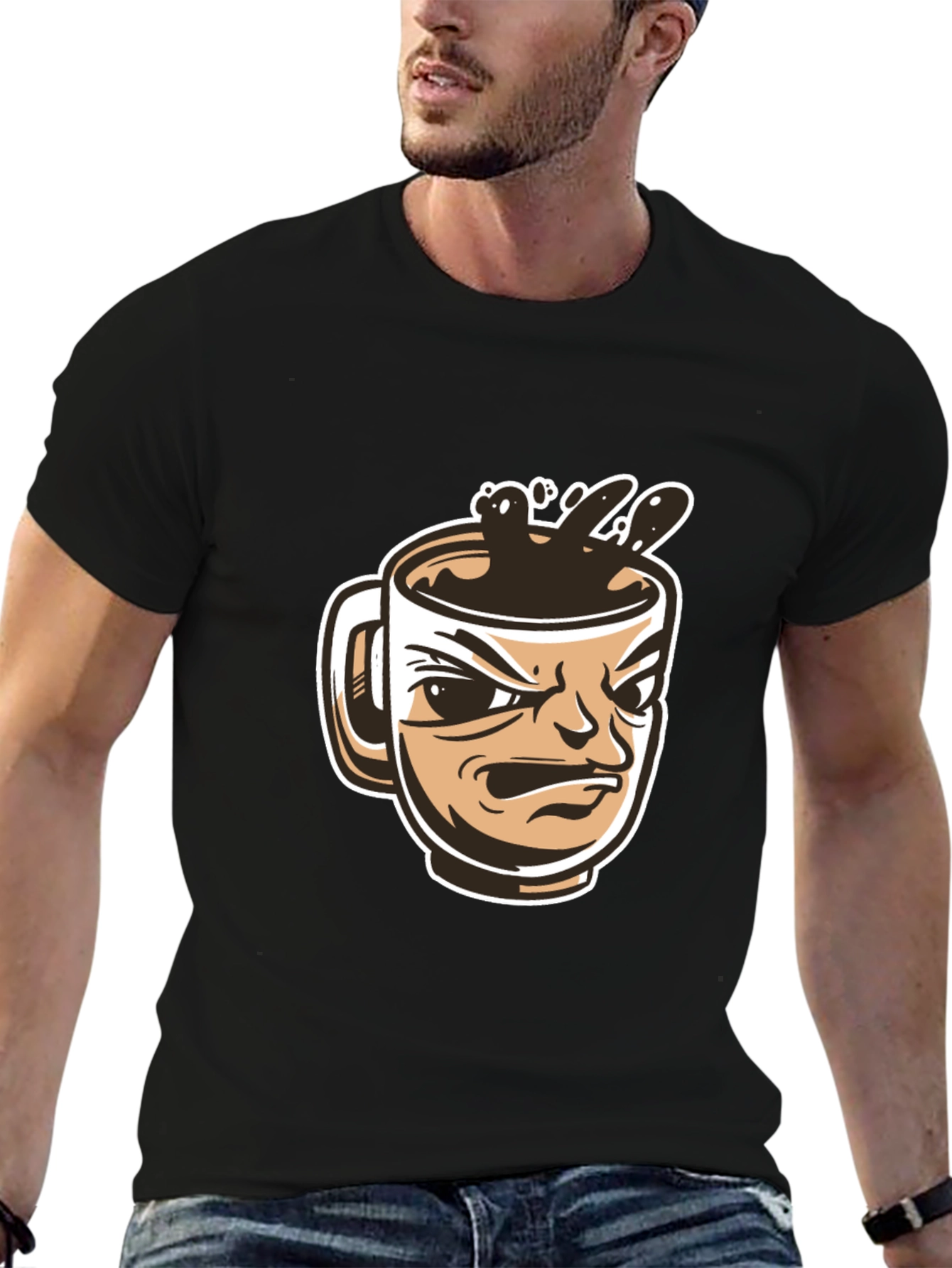 Mens Black T-Shirt - Angry Coffee Cup Design