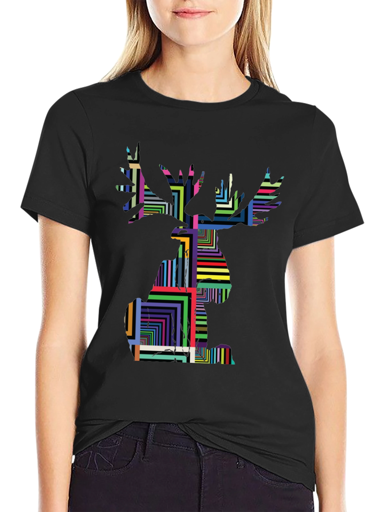 Geometric Moose Graphic Tee - Black Unisex Shirt