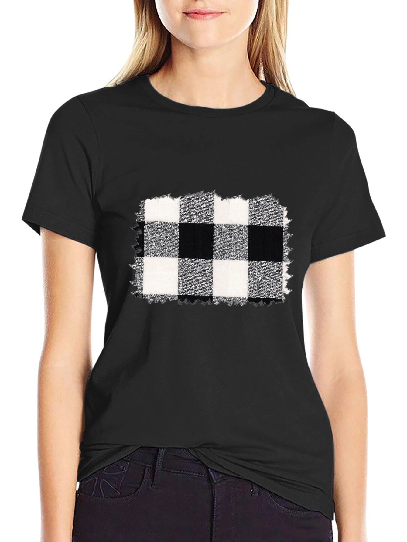Black Tee with Buffalo Plaid Graphic
