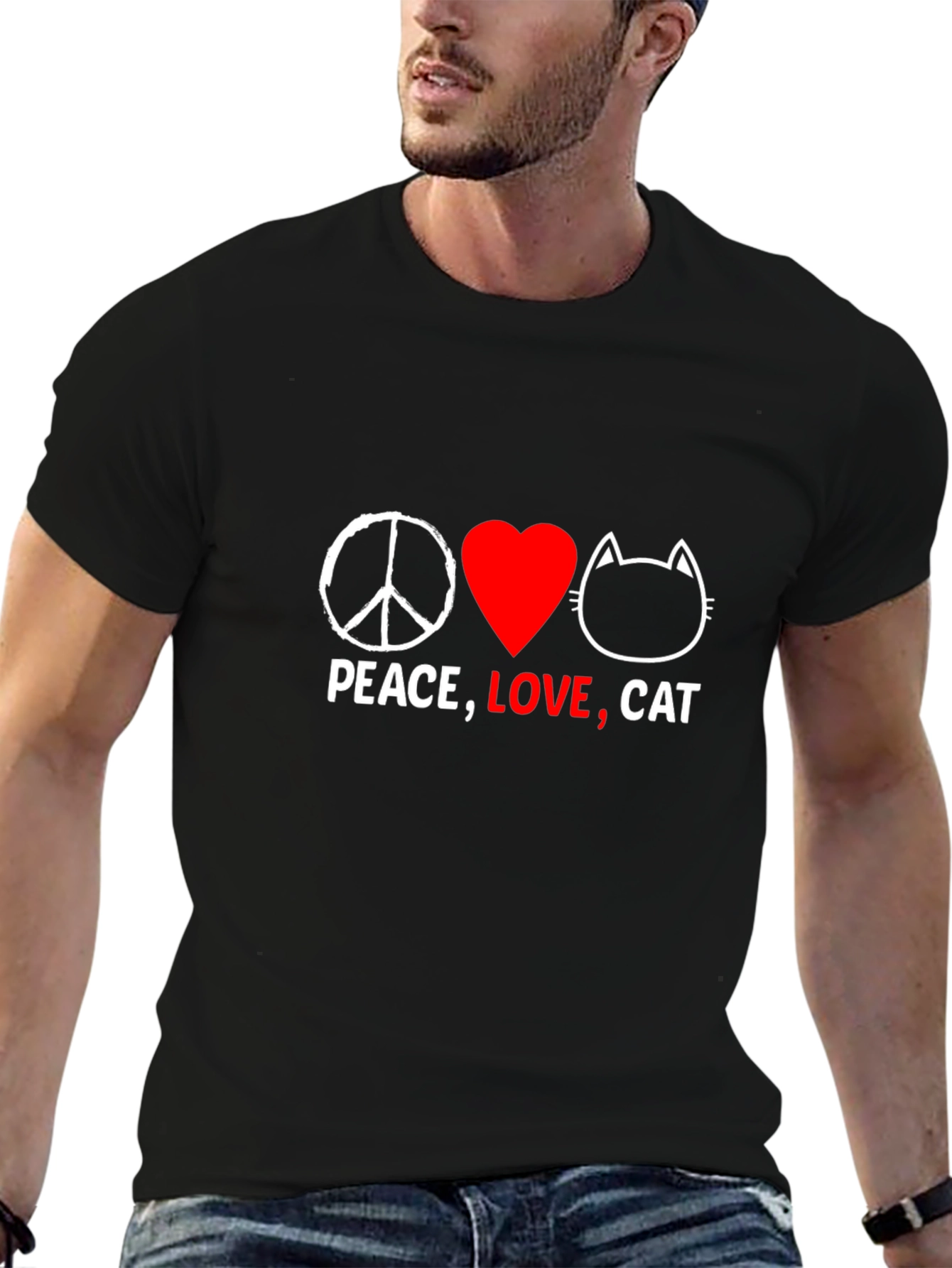 Peace Love Cat Graphic T-Shirt - Black