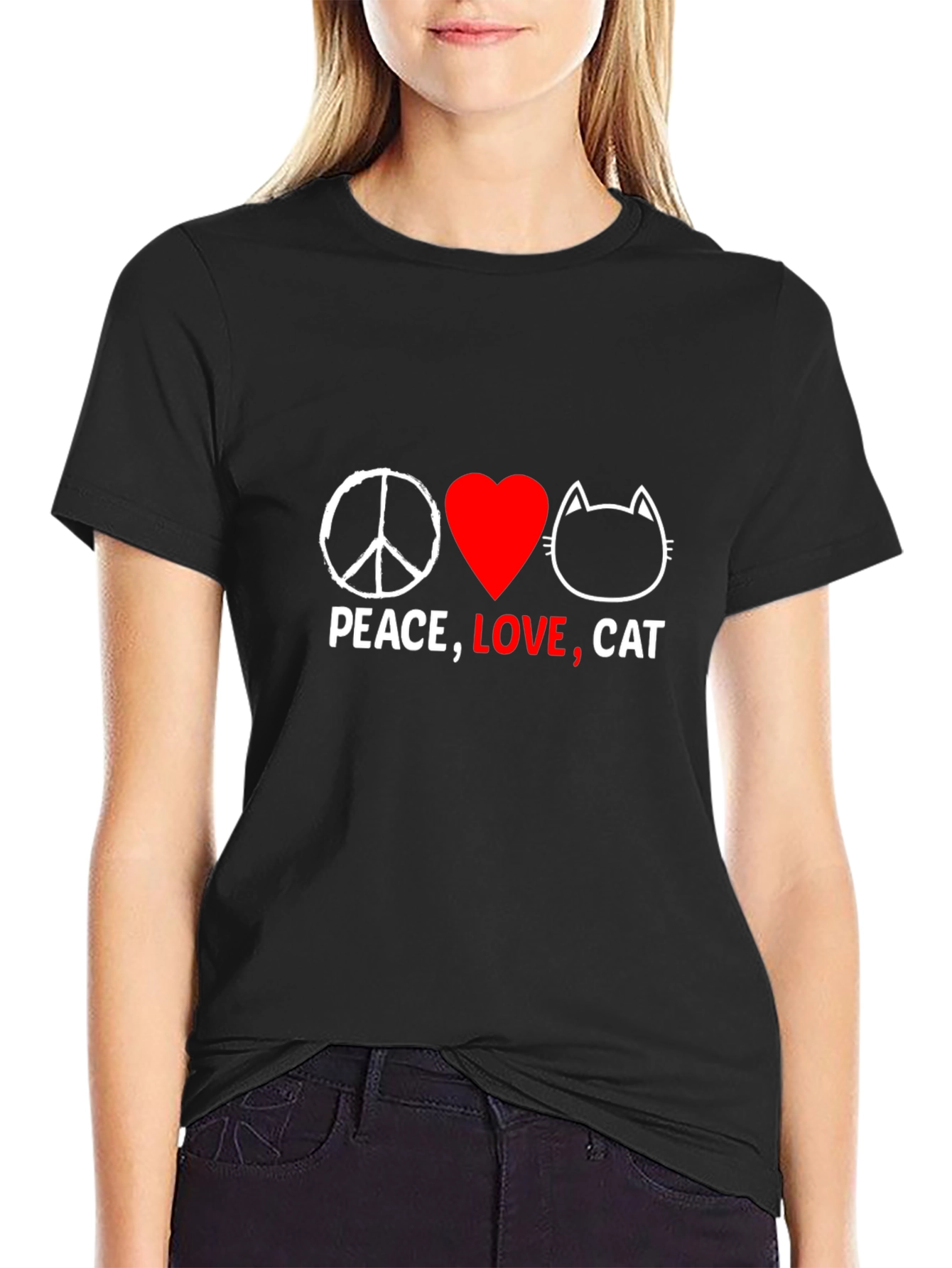 Peace Love Cat Graphic T-Shirt - Black