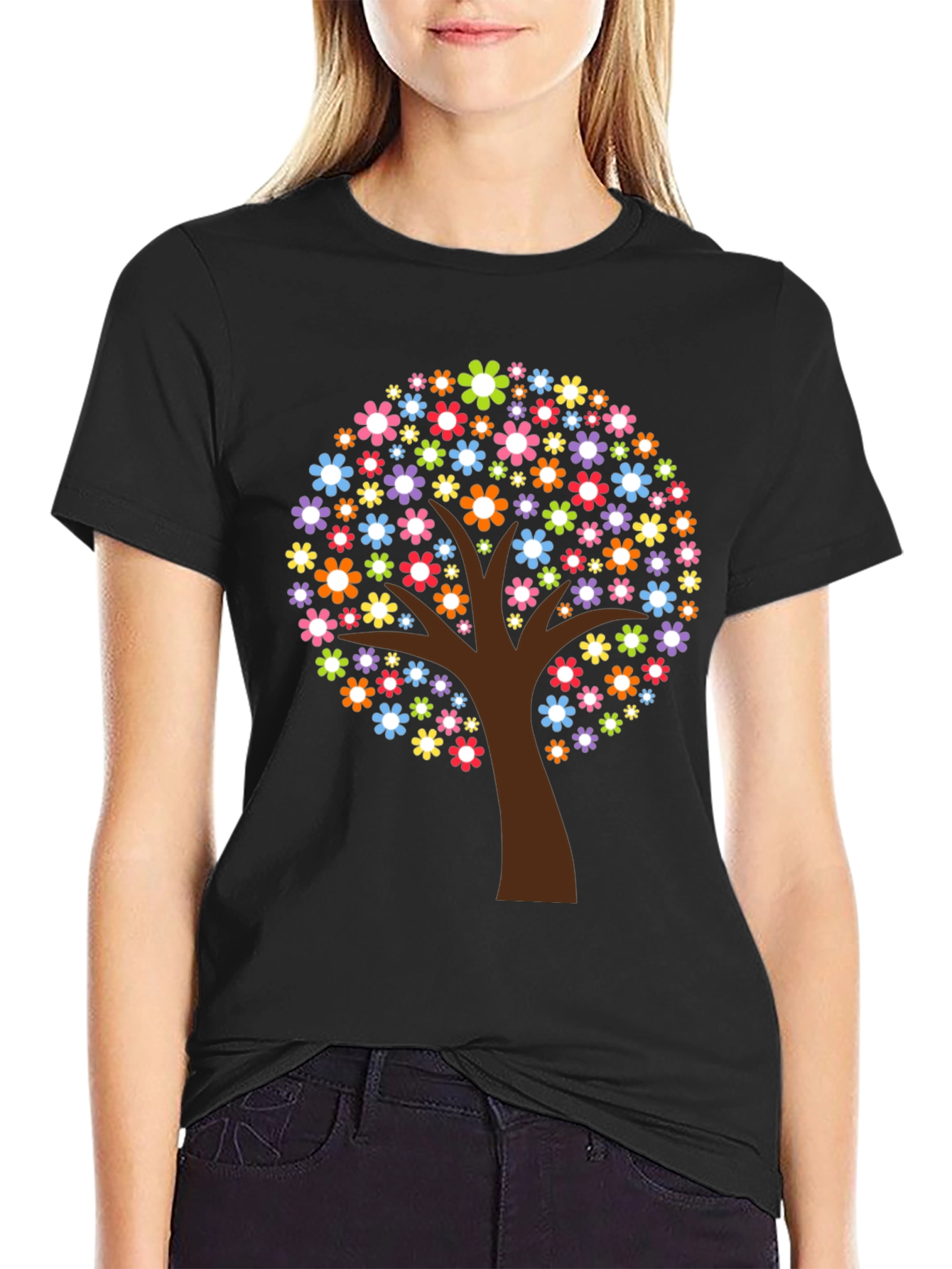 Floral Tree Graphic Print Black T-Shirt