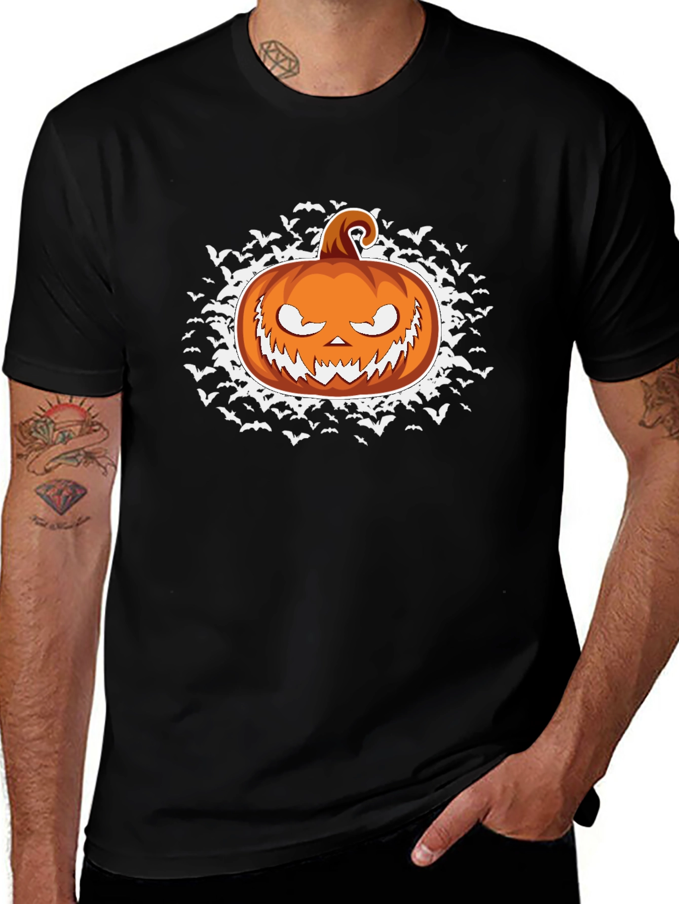 Halloween Pumpkin Bat Graphic Black T-Shirt