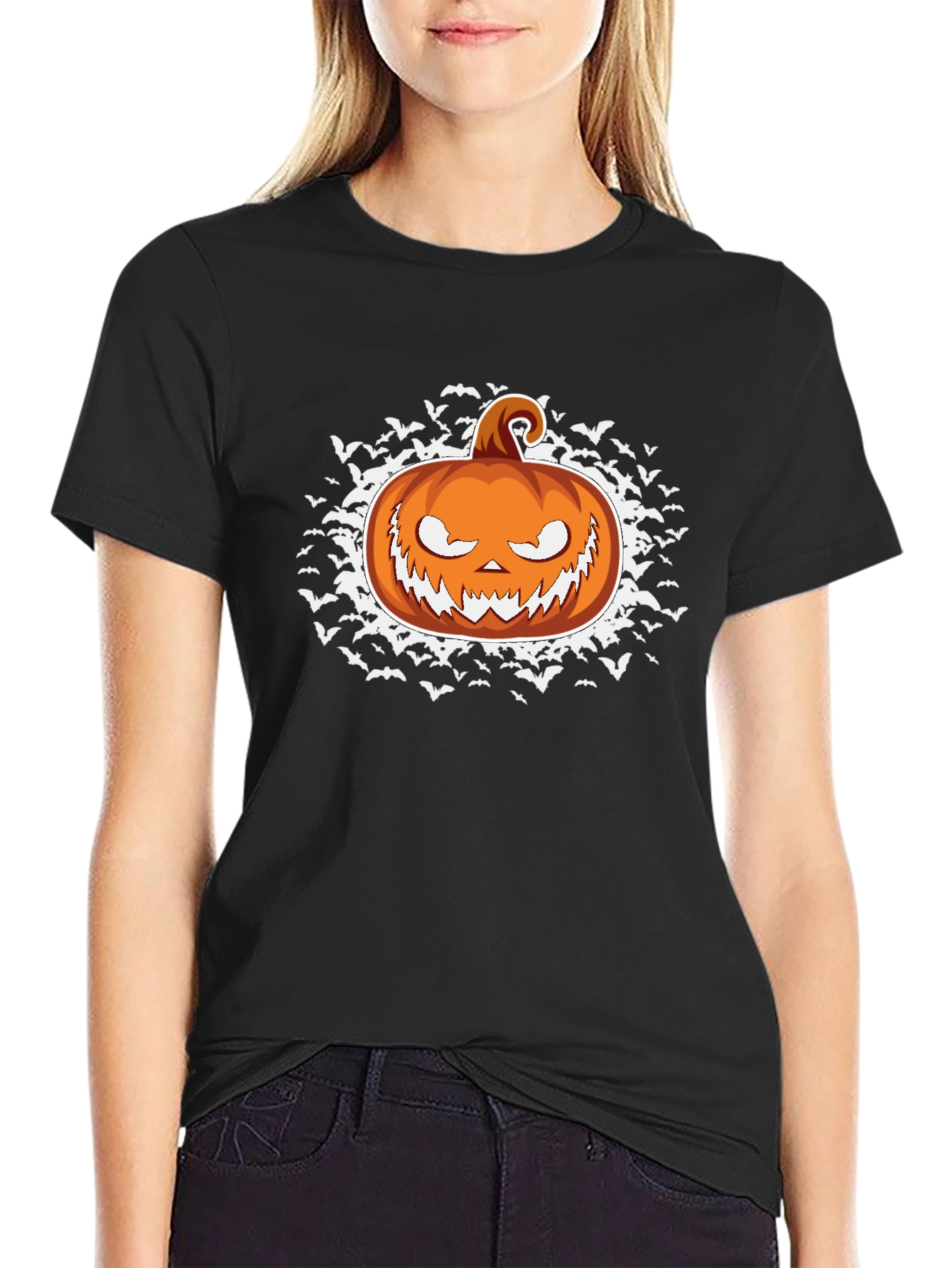Halloween Pumpkin Bat Graphic Black T-Shirt