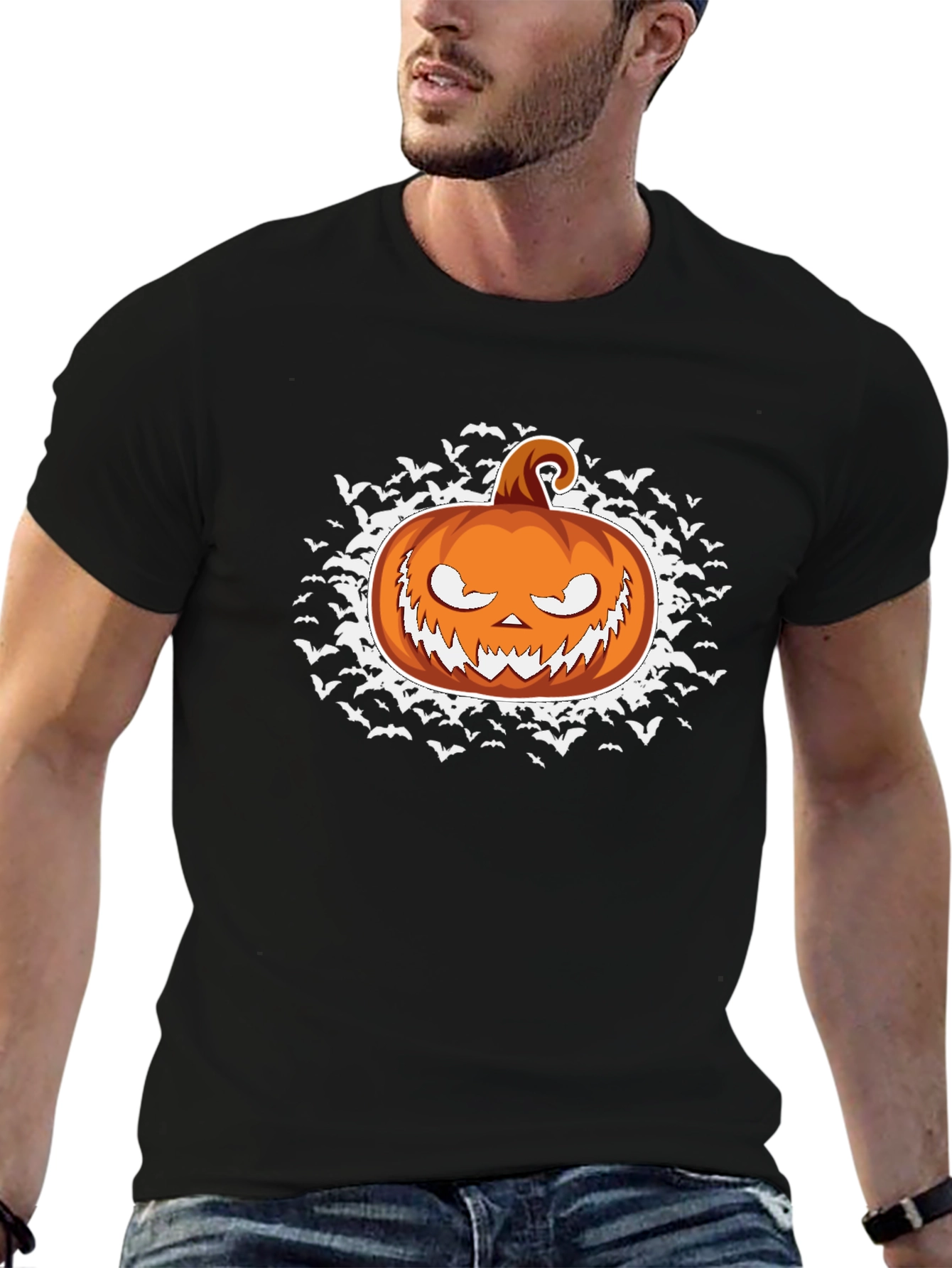 Halloween Pumpkin Bat Graphic Black T-Shirt