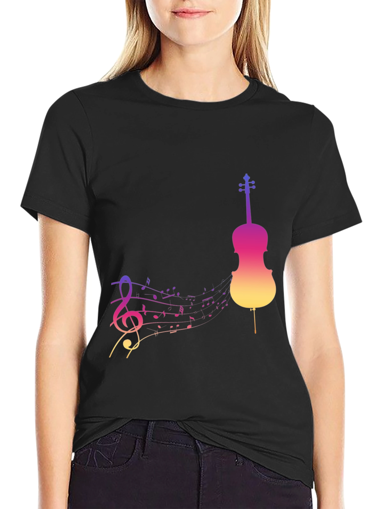 Musical Gradient Violin Graphic Tee - Black