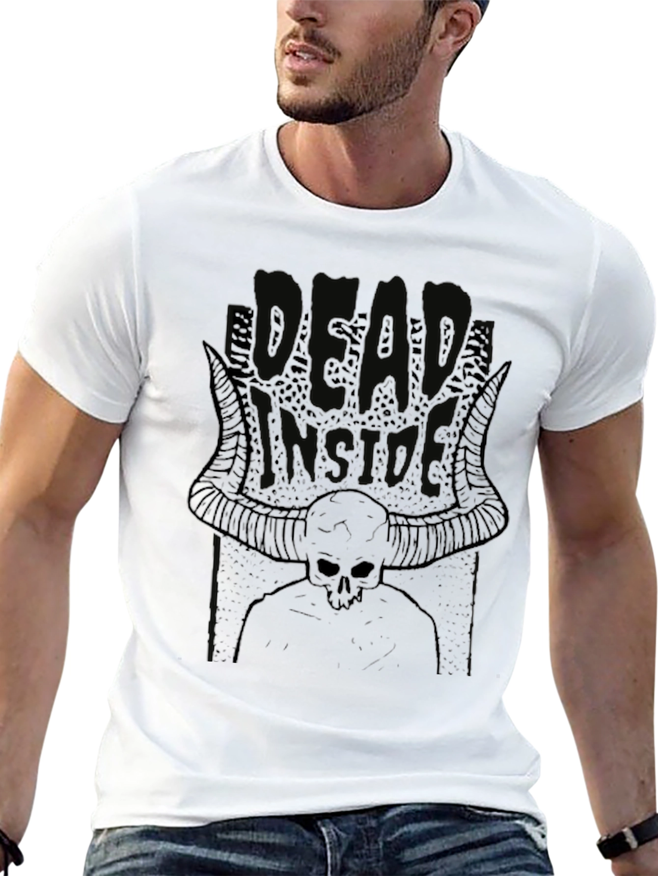 Dead Inside Skull Horns Black T-Shirt Graphic Tee