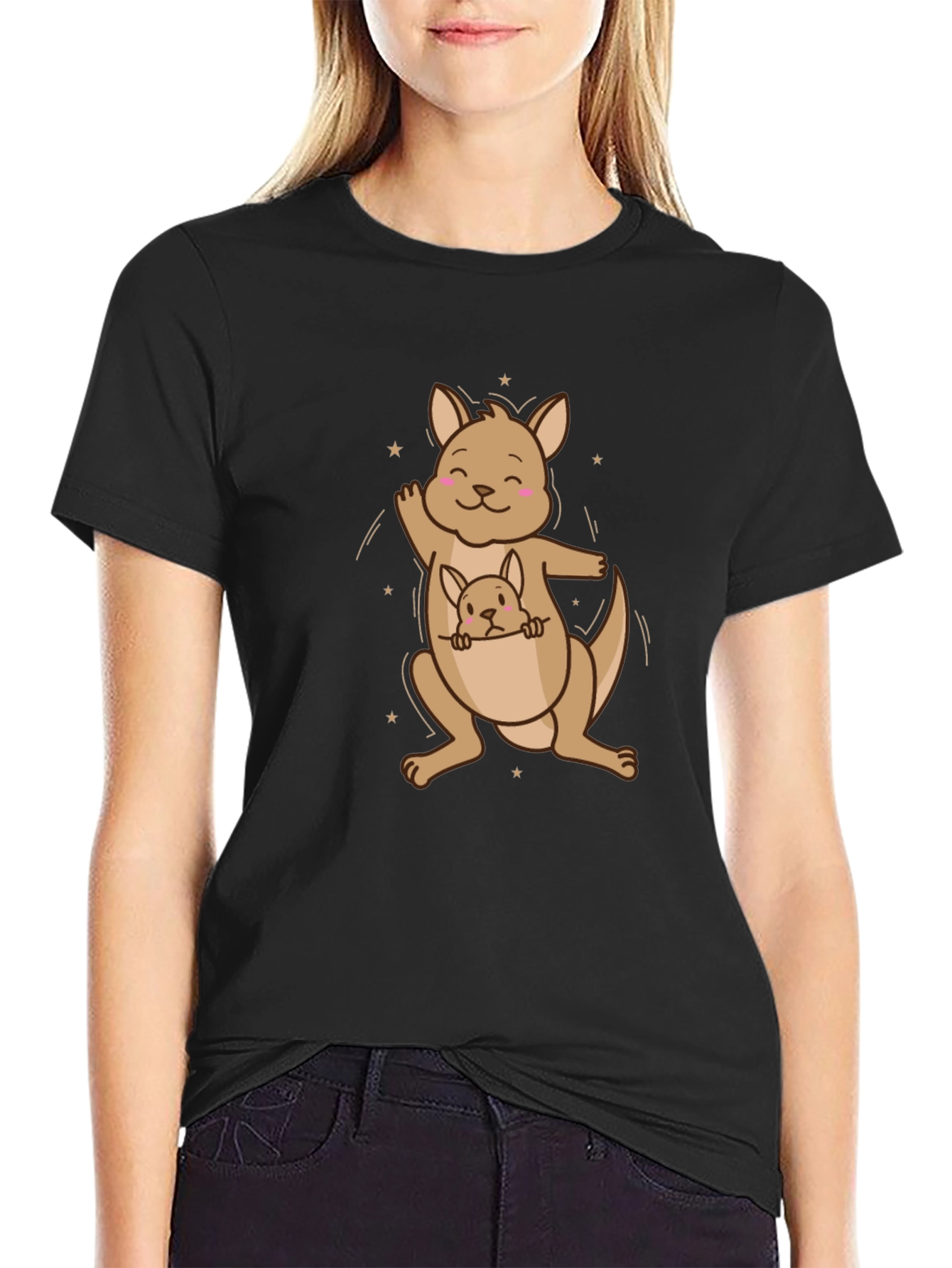 Cute Kangaroo with Joey Black T-Shirt