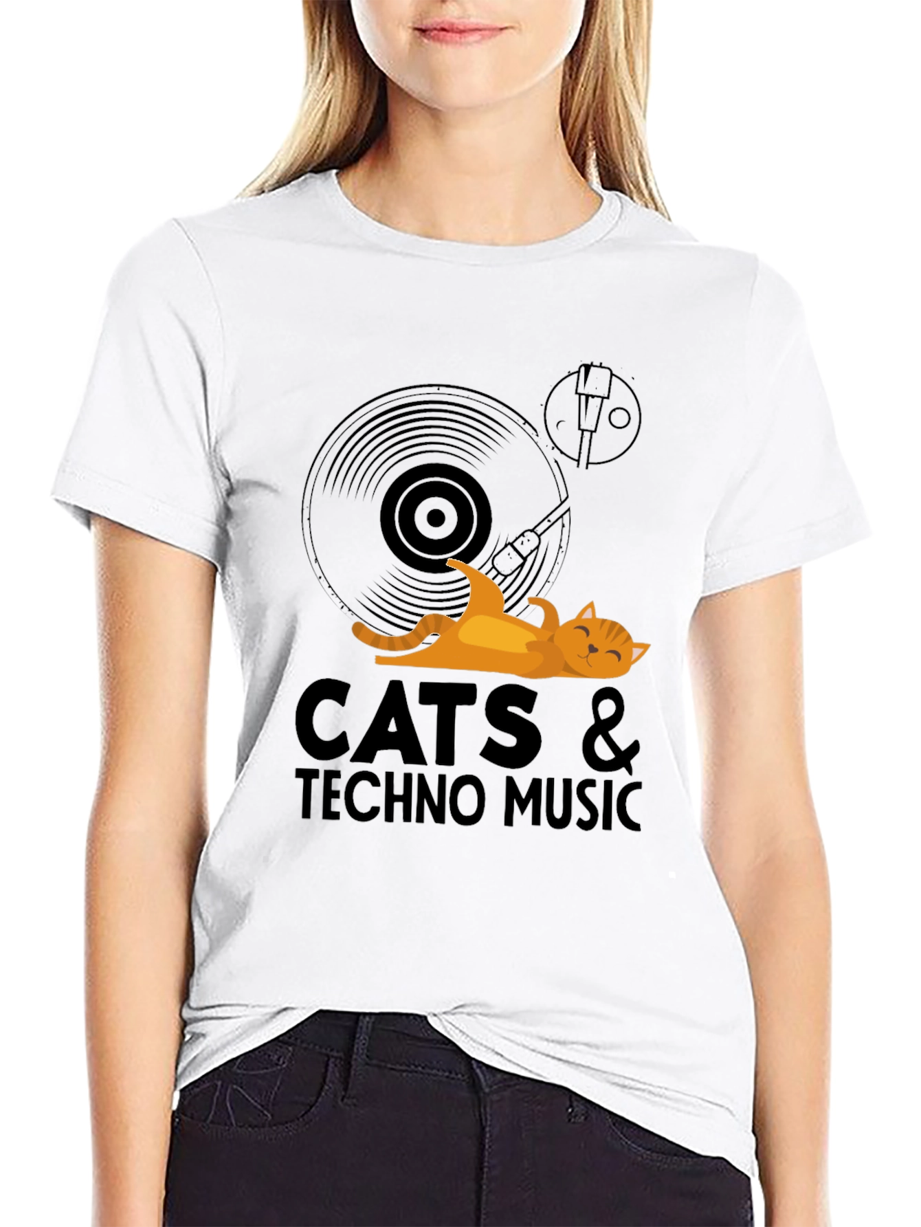 Cats & Techno Music Black Graphic Tee