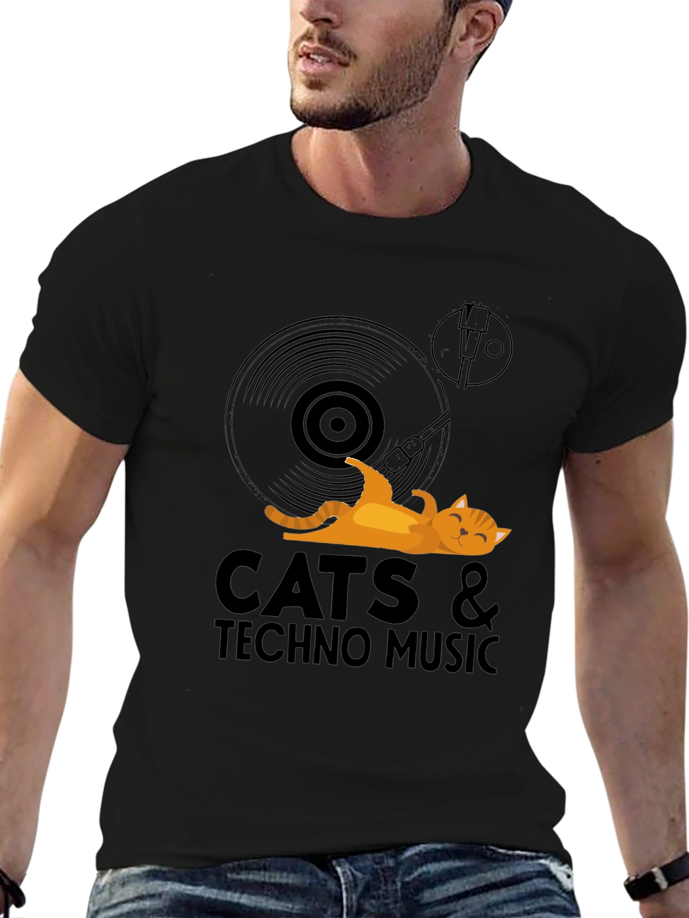 Cats & Techno Music Black Graphic Tee