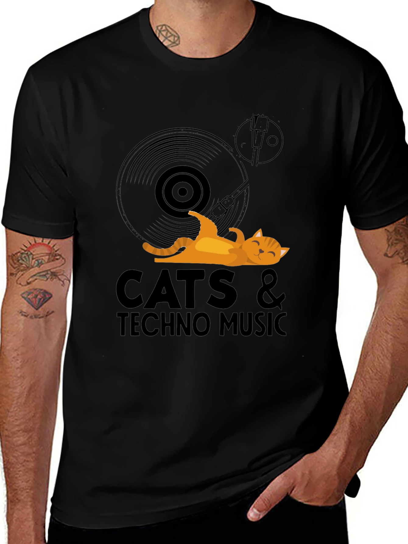 Cats & Techno Music Black Graphic Tee