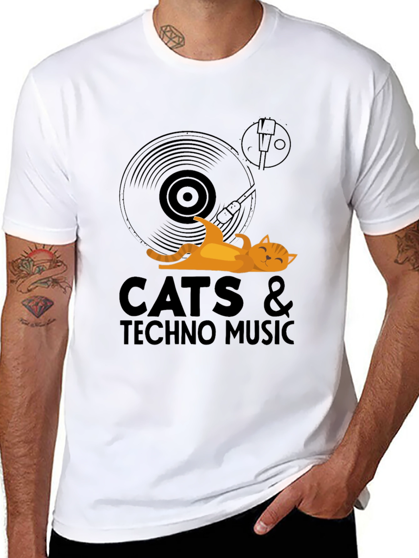 Cats & Techno Music Black Graphic Tee