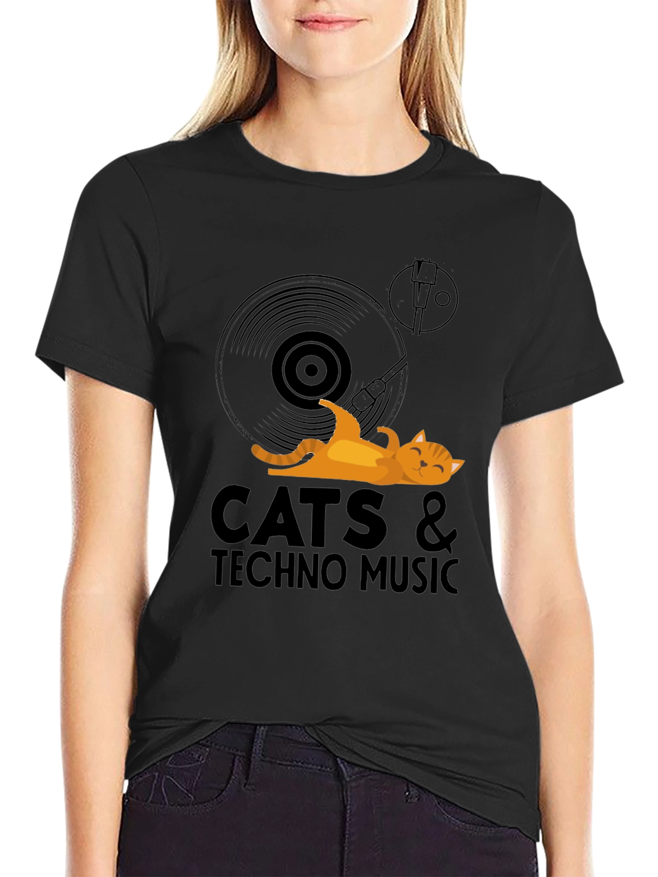 Cats & Techno Music Black Graphic Tee