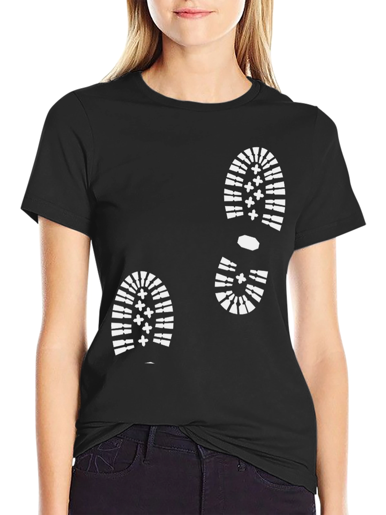Black T-Shirt with White Boot Print Design