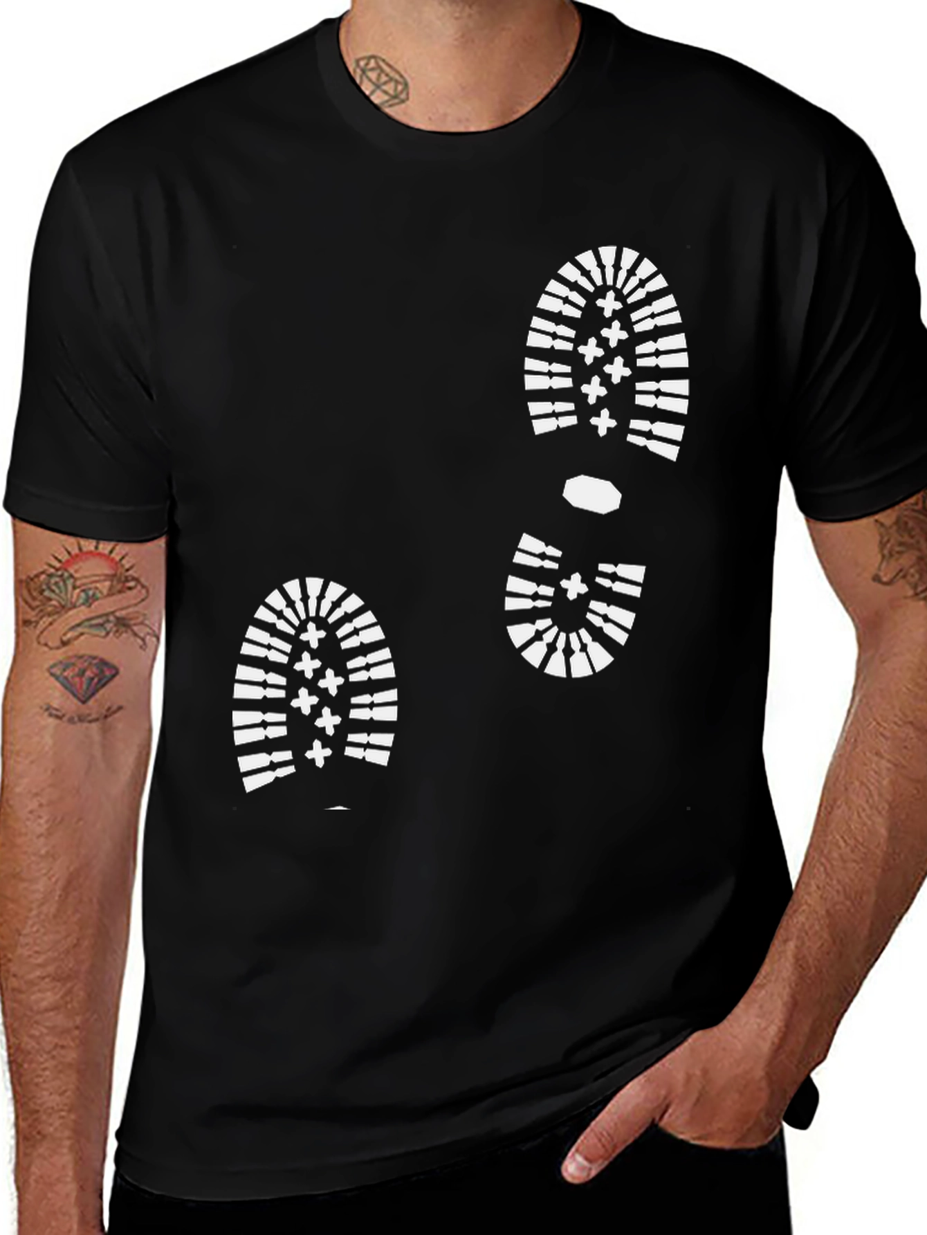 Black T-Shirt with White Boot Print Design