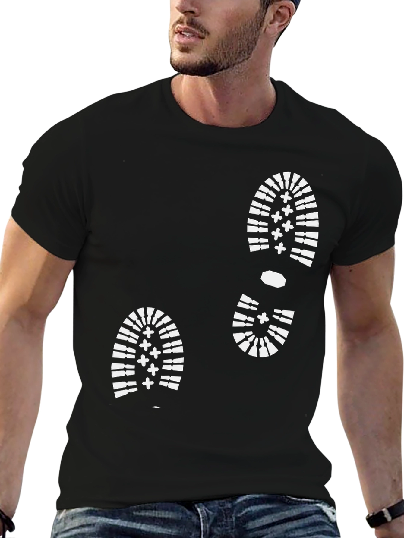 Black T-Shirt with White Boot Print Design