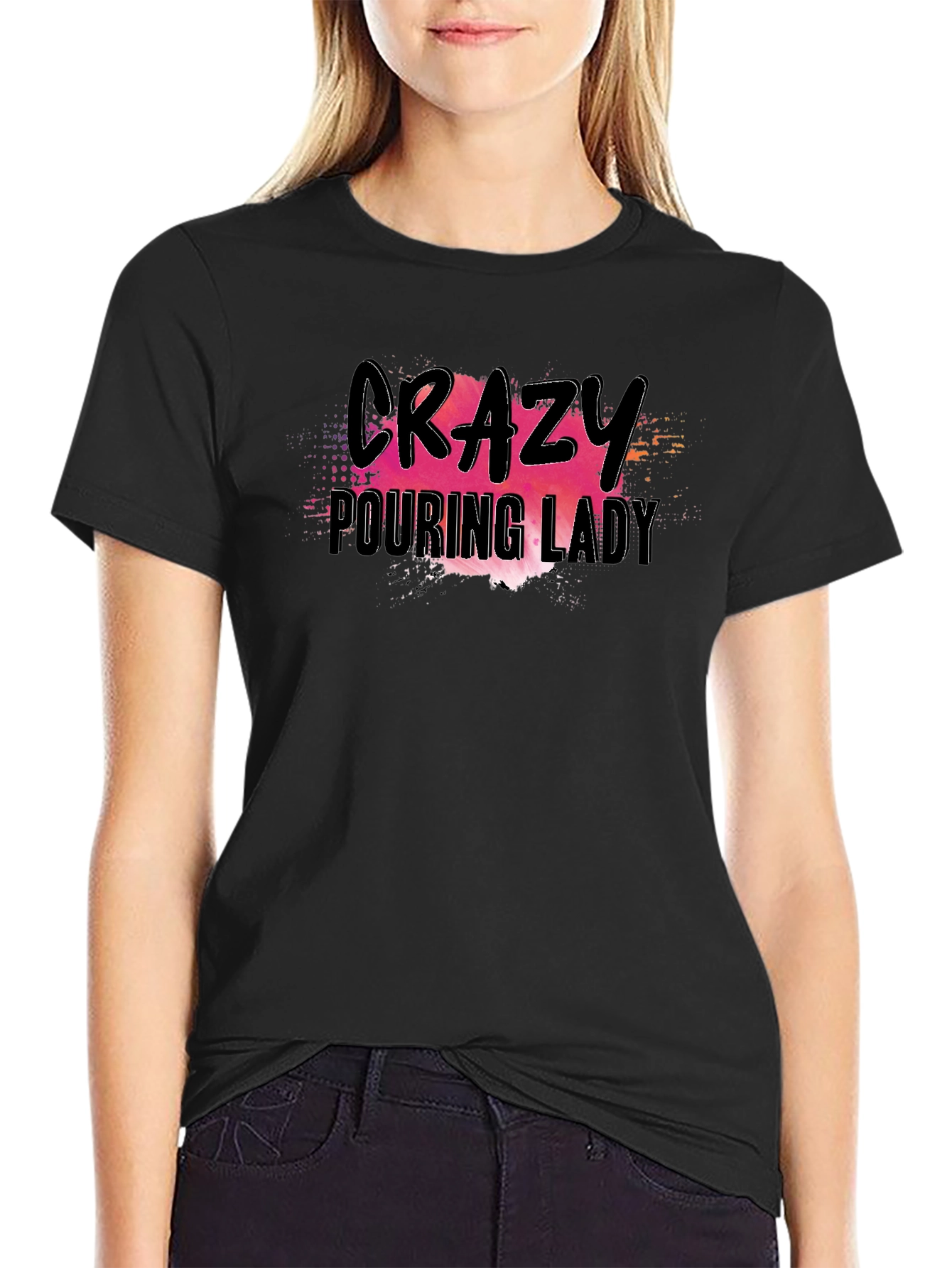 Crazy Pouring Lady Black Graphic Tee