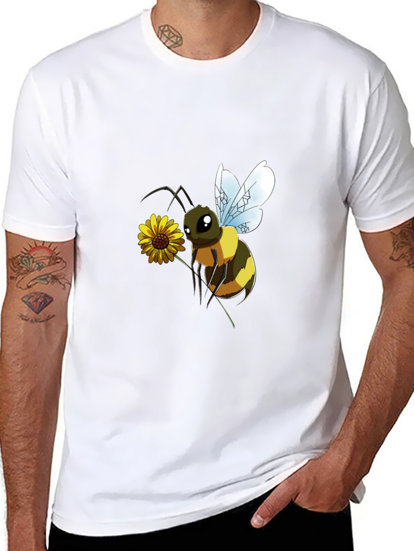 Cartoon Bee & Flower Black T-Shirt